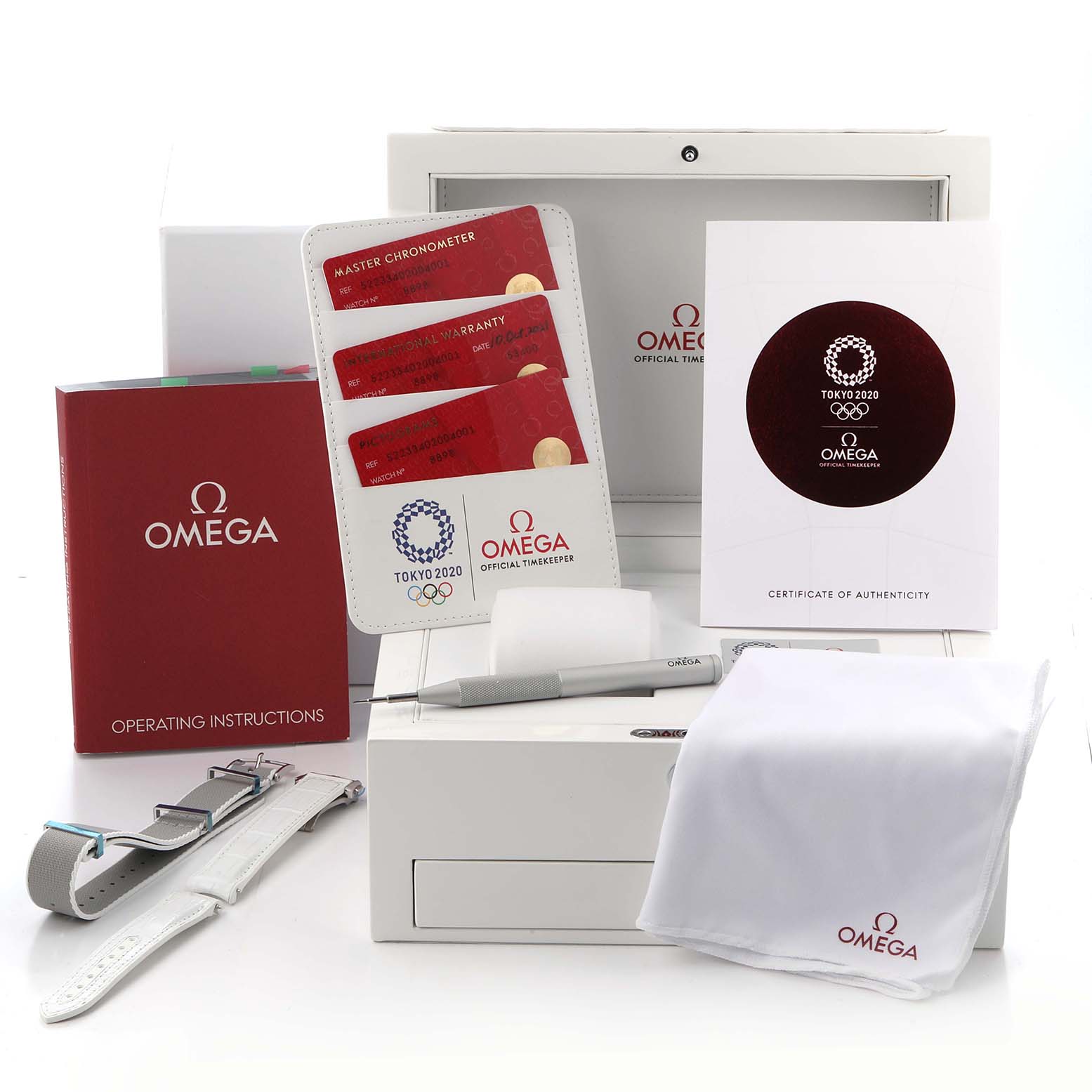 The image shows accessories for the Omega Planet Ocean model 522.33.40.20.04.001, including manuals, Best Quality
ity cards, a strap, case, and a cleaning cloth.