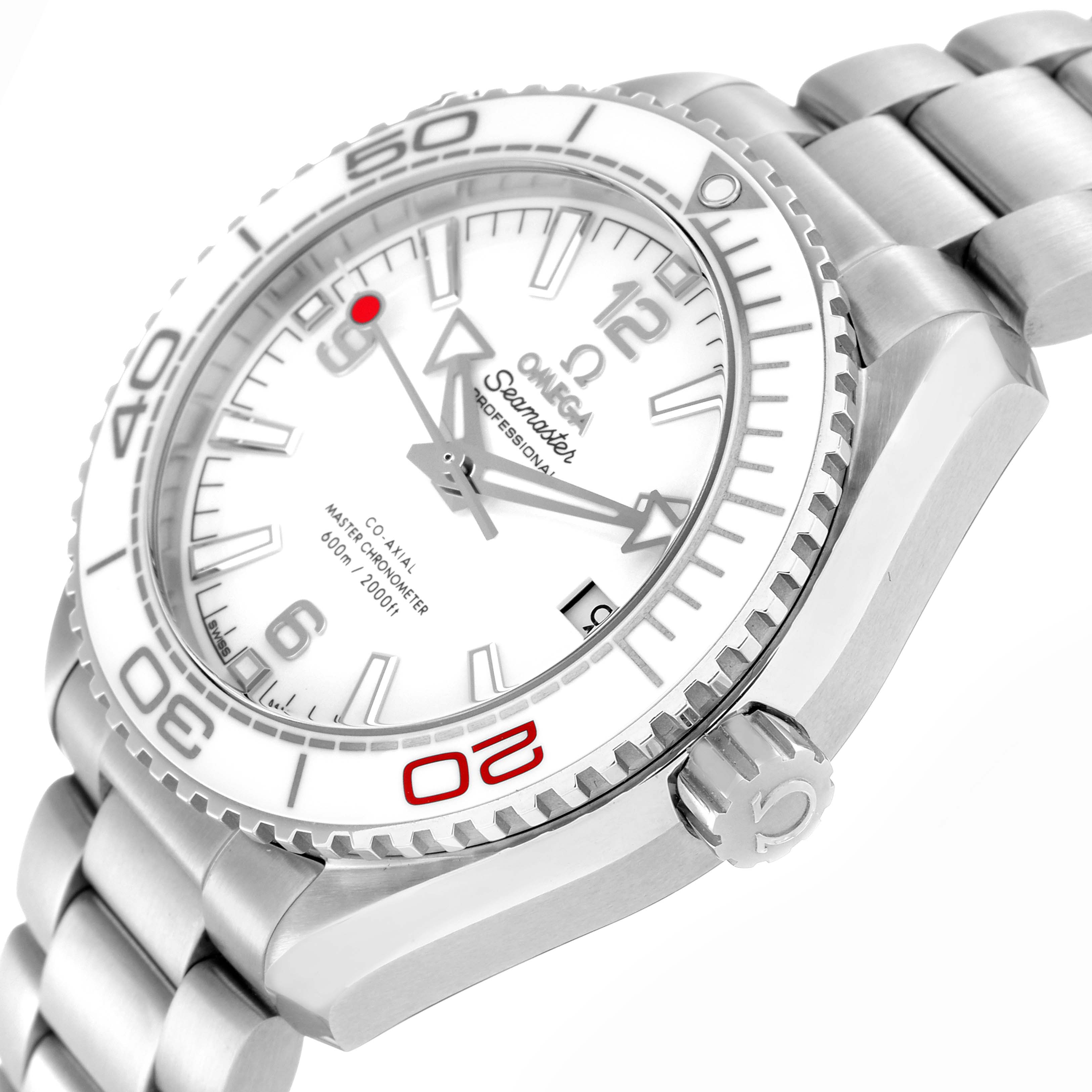 The Omega Planet Ocean model 522.33.40.20.04.001 is shown from a slightly angled side view, displaying the bezel, dial, crown, and part of the bracelet.