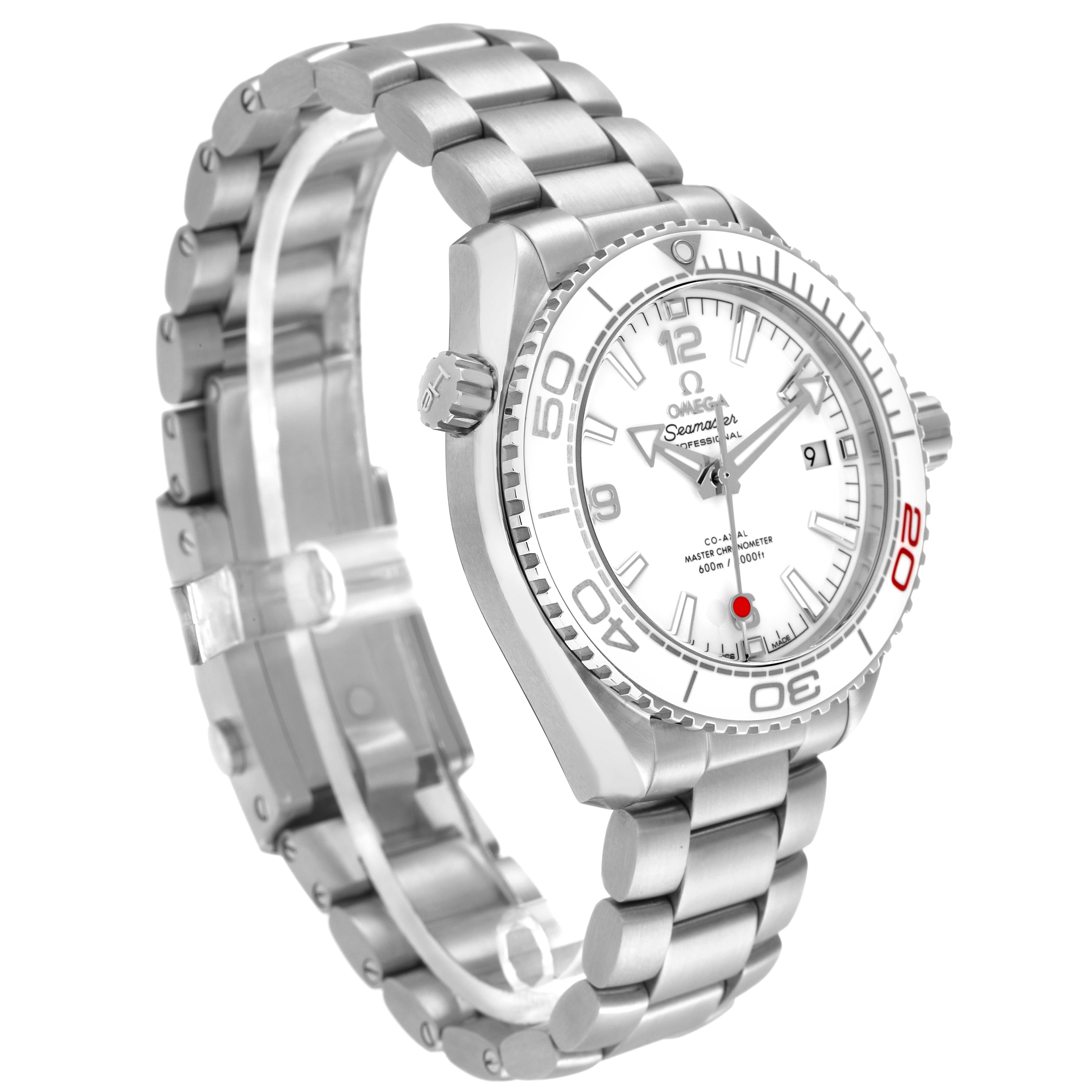 The image shows an angled view of the Omega Planet Ocean model 522.33.40.20.04.001, highlighting its bezel, dial, crown, and stainless steel bracelet.