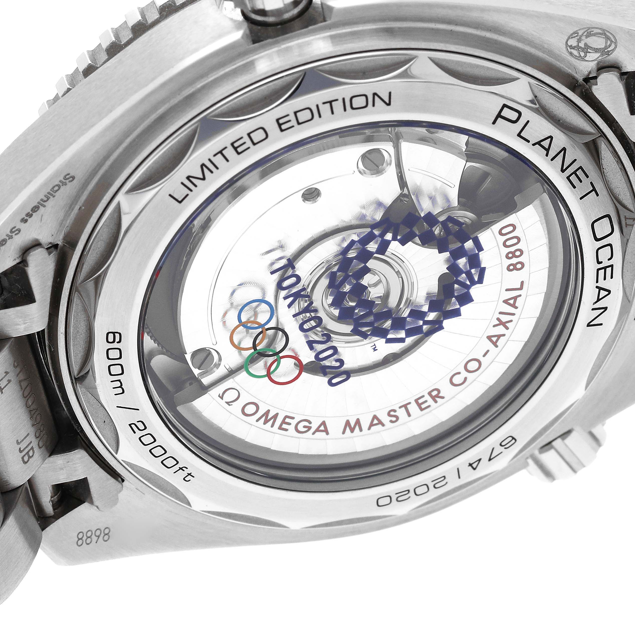 The image shows the back of the Omega Planet Ocean model 522.33.40.20.04.001, highlighting its transparent case back and limited edition markings.