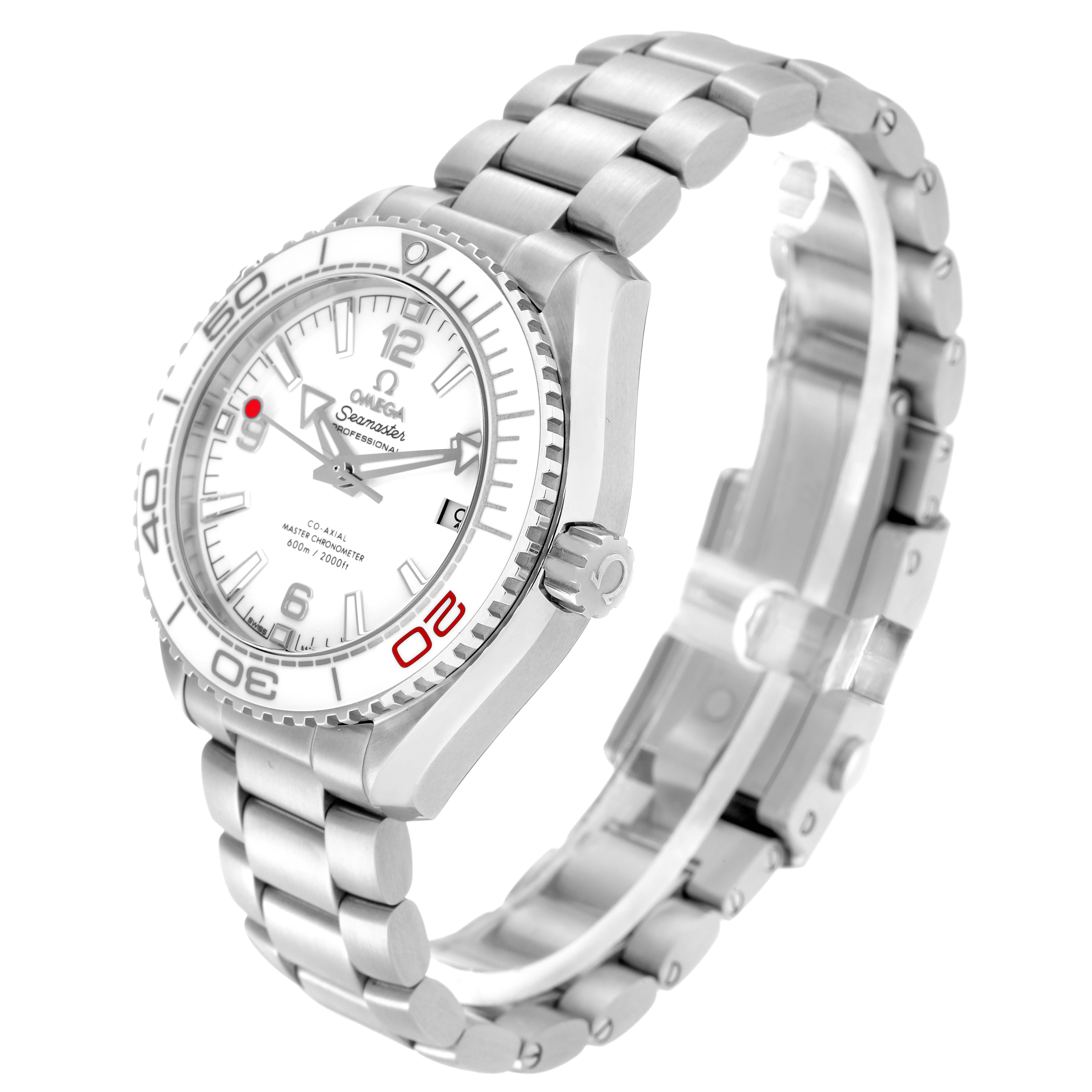 The Omega Planet Ocean model 522.33.40.20.04.001 watch is shown from an angled perspective, highlighting the face, bezel, crown, and metallic bracelet.