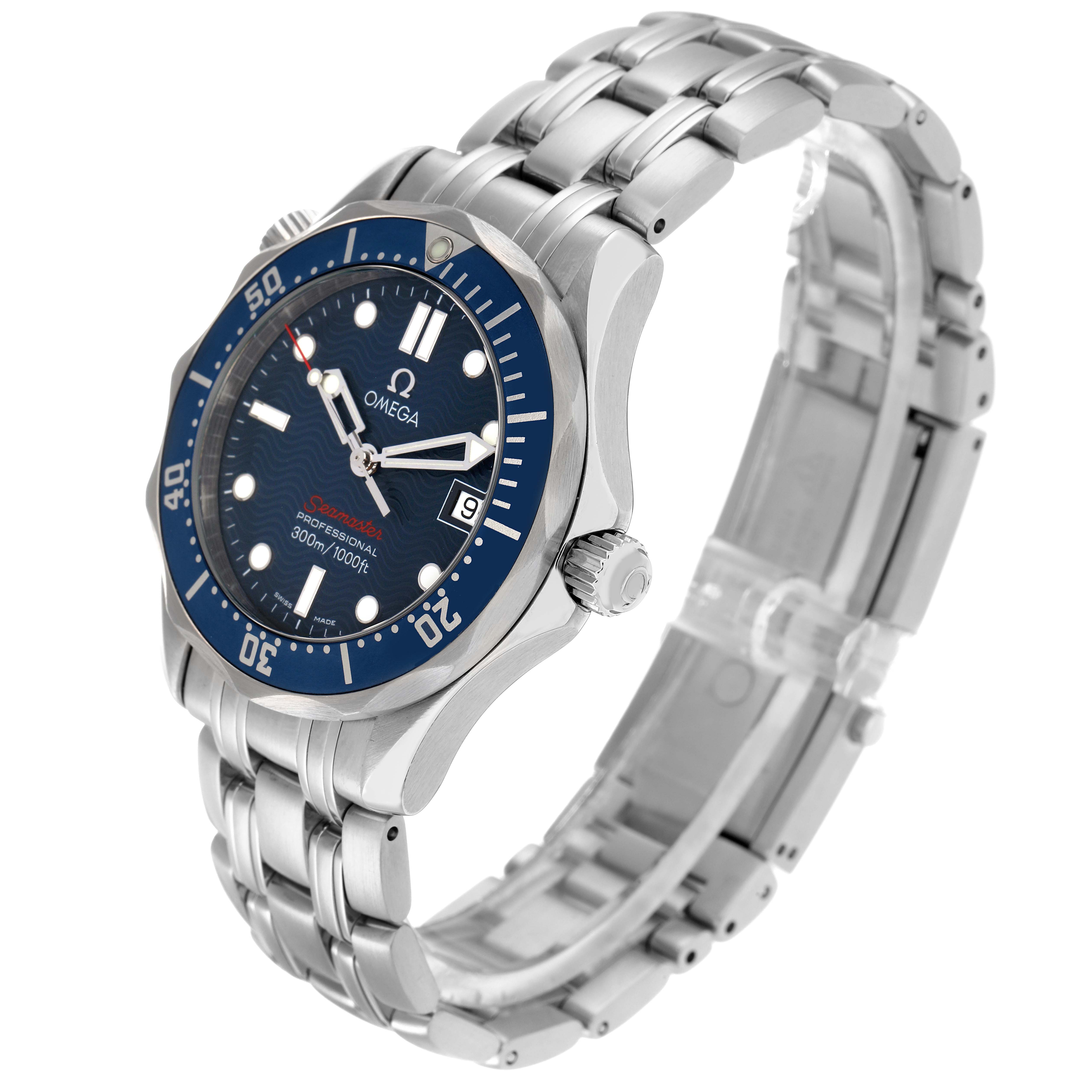 The Omega Seamaster model 2223.80.00 is shown at an angled side view, highlighting the face, bezel, crown, and stainless steel bracelet.