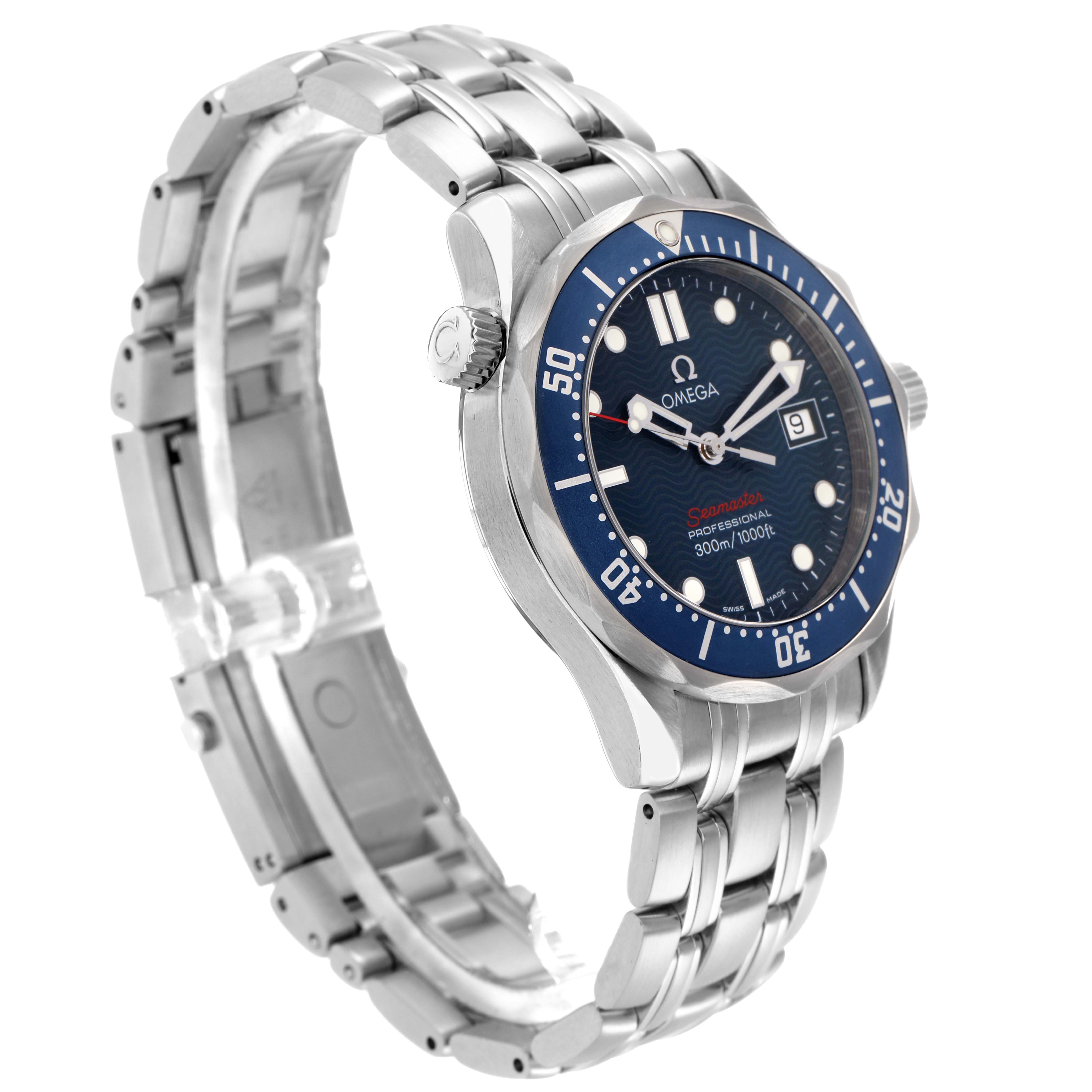 The Omega Seamaster model 2223.80.00 men's watch is shown at an oblique angle, highlighting the dial, bezel, crown, and stainless steel bracelet.