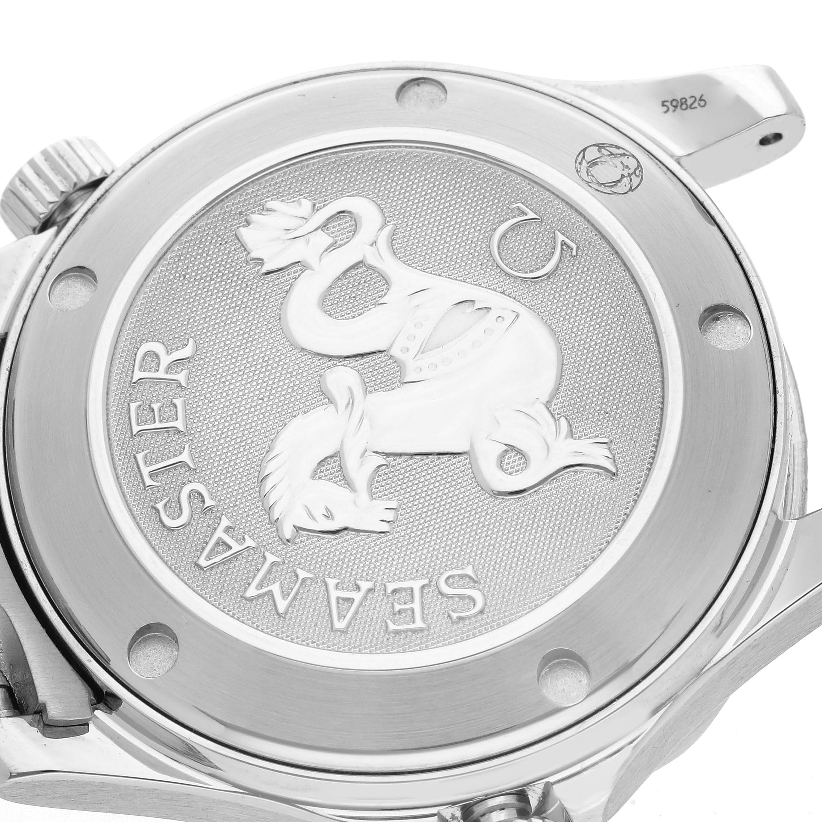 The image shows the case back of an Omega Seamaster, model number 2223.80.00, highlighting the engraved Seamaster design.