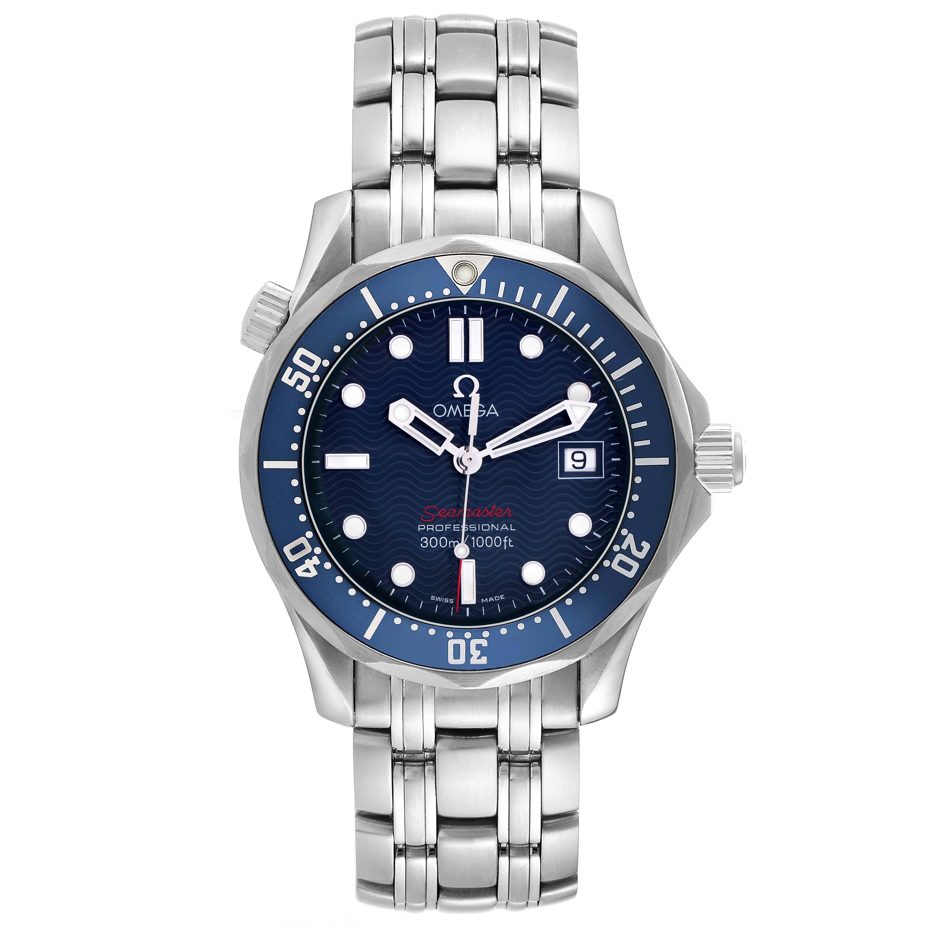 The image shows a front view of the Omega Seamaster model 2223.80.00, highlighting the dial, bezel, crown, and stainless steel bracelet.