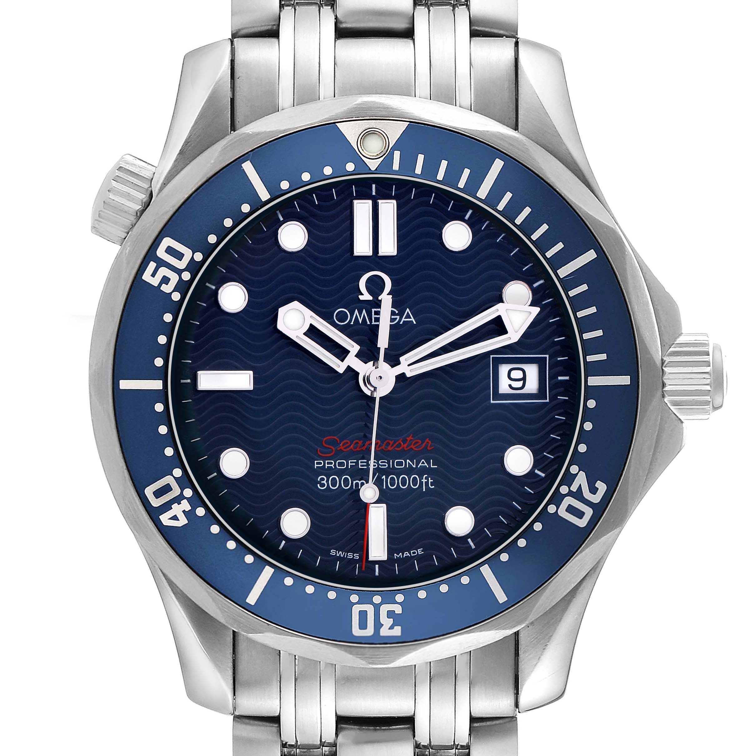 The Omega Seamaster model 2223.80.00 watch is shown from the front, displaying its blue dial, silver band, date feature, and rotating bezel.