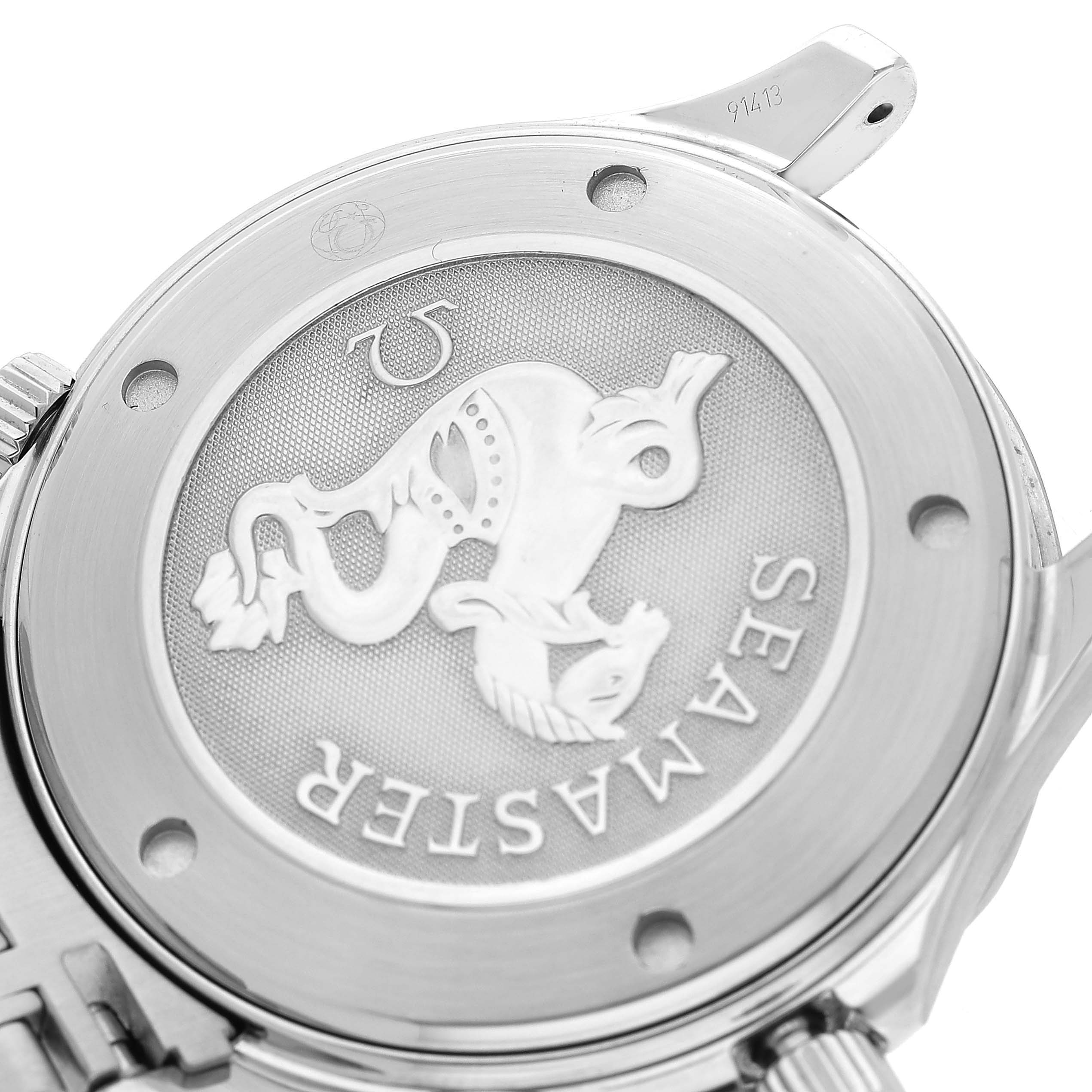 The image shows the case back of an Omega Seamaster 2221.80.00 Men's Stainless Steel Blue Dial watch, featuring engraved details and branding.