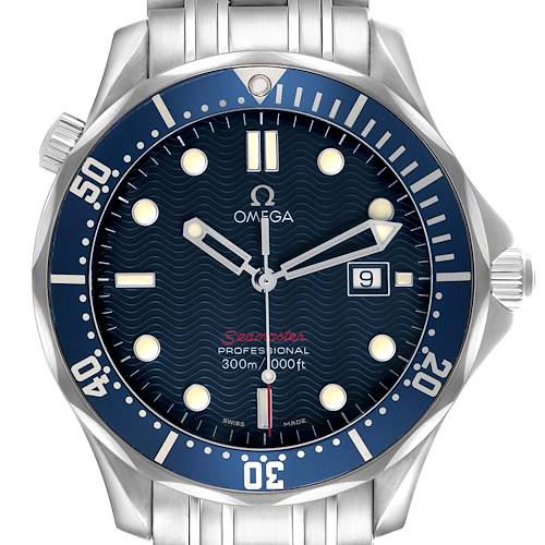 The Omega Seamaster 2221.80.00 Men's Stainless Steel Blue Dial watch is shown from a front angle, displaying its dial, bezel, hands, and metal bracelet.