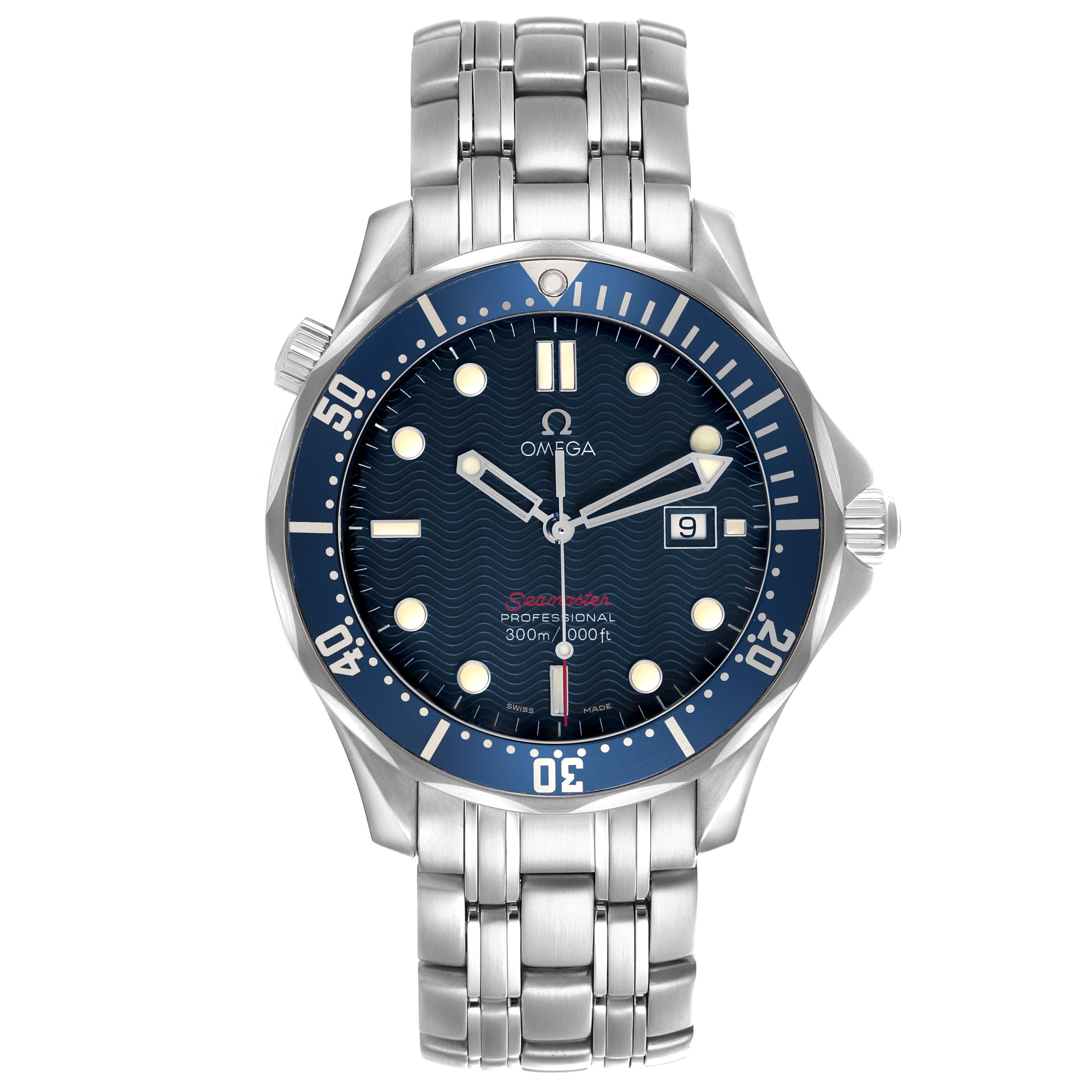 The Omega Seamaster 2221.80.00 Men's Stainless Steel Blue Dial model is shown from a front angle, displaying the face, bezel, and bracelet.