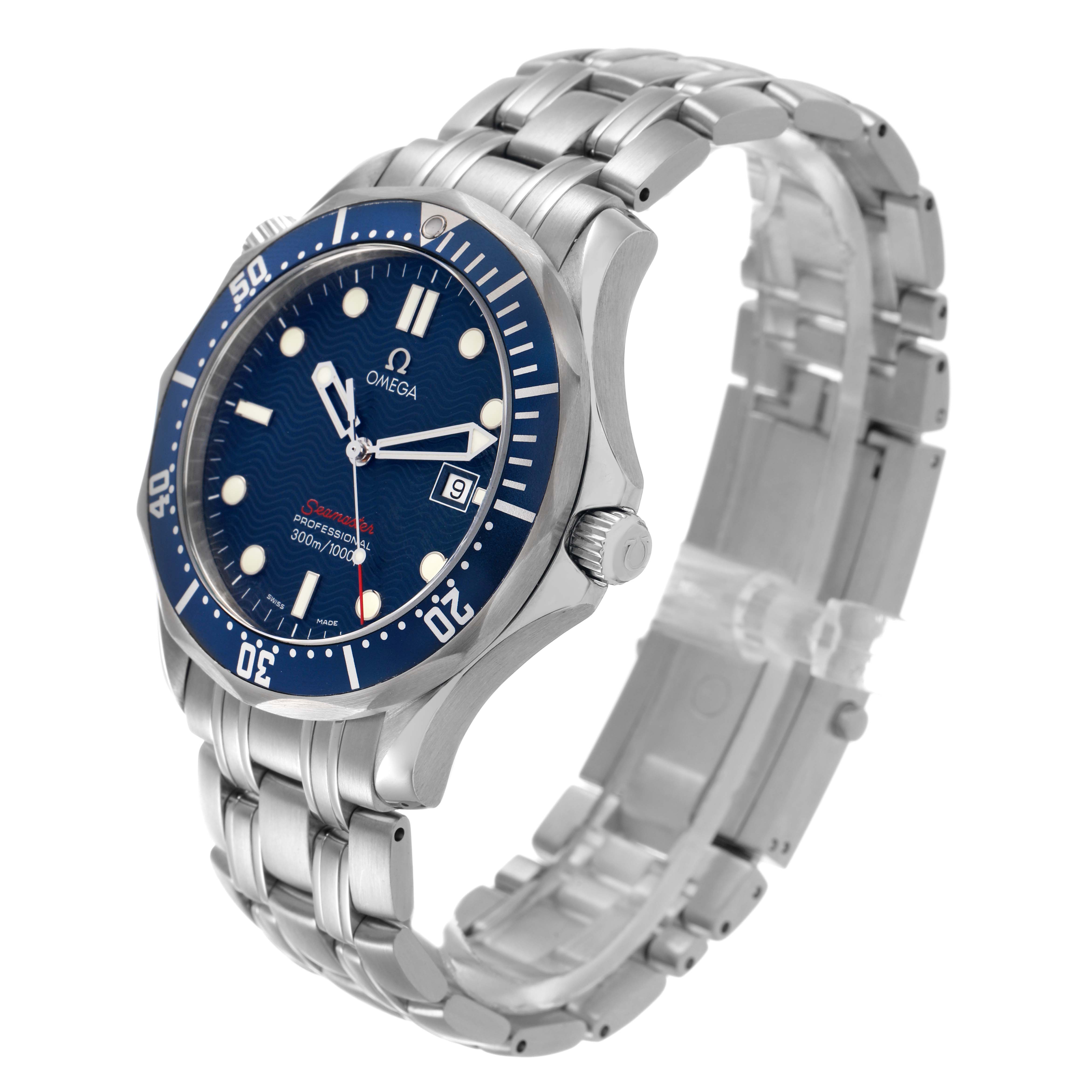 The image shows an Omega Seamaster 2221.80.00 Men's Stainless Steel Blue Dial watch at a three-quarter angle, highlighting the blue dial, bezel, bracelet, and crown.
