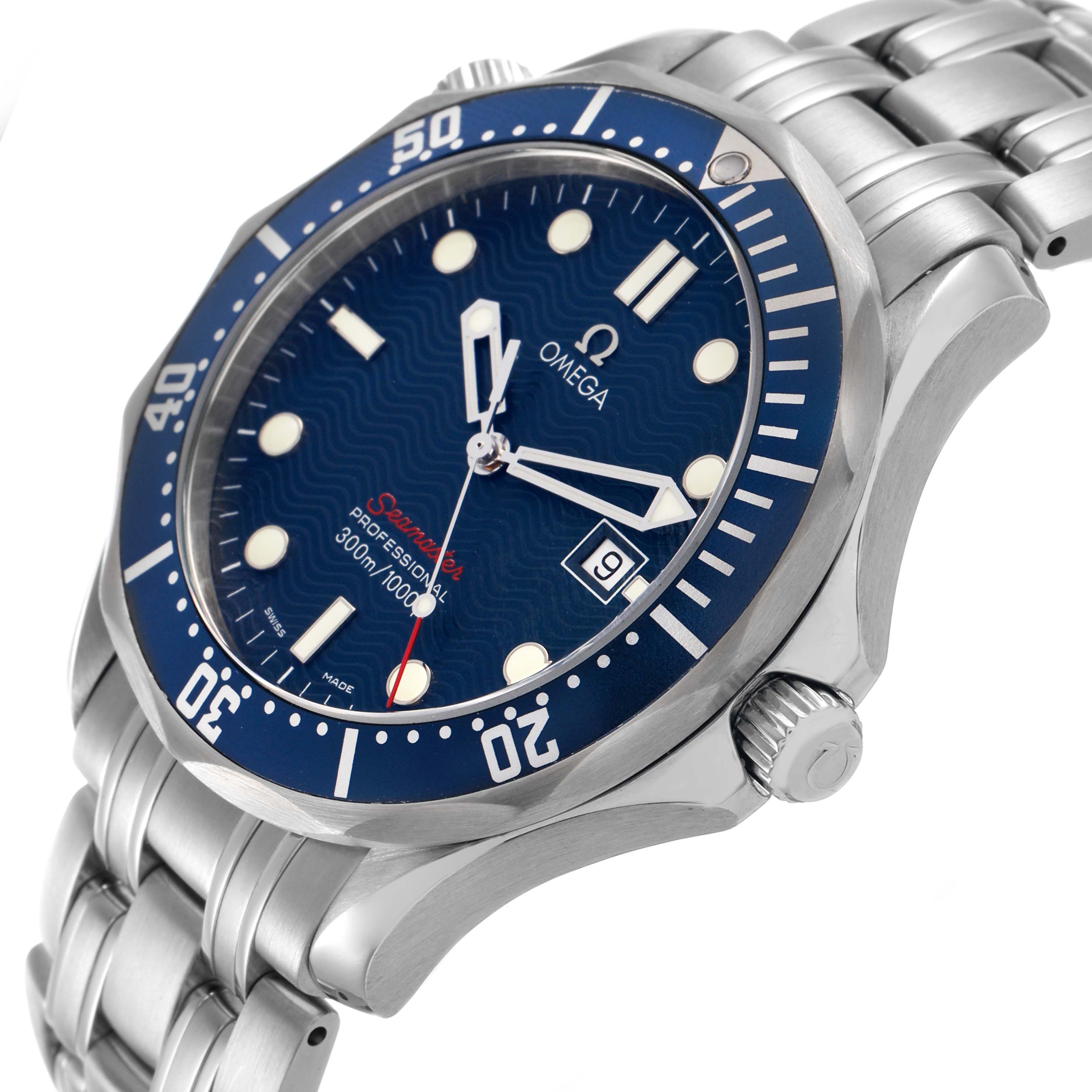 The Omega Seamaster 2221.80.00 Men's Stainless Steel Blue Dial watch is shown at a slight angle, displaying the dial, bezel, case, and bracelet.