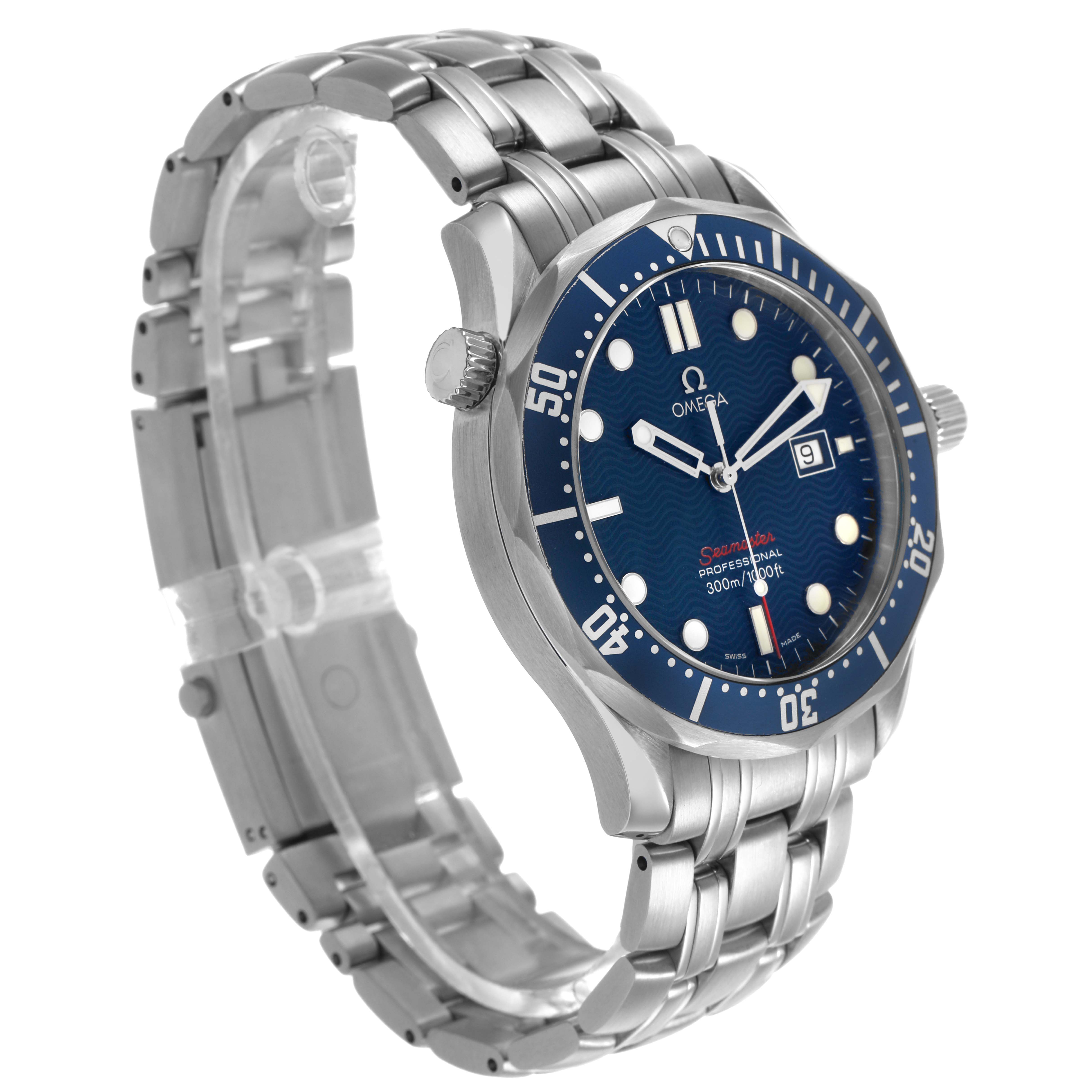 The Omega Seamaster 2221.80.00 Men's Stainless Steel Blue Dial watch is shown at a three-quarter angle, displaying the dial, bezel, case, and part of the bracelet.