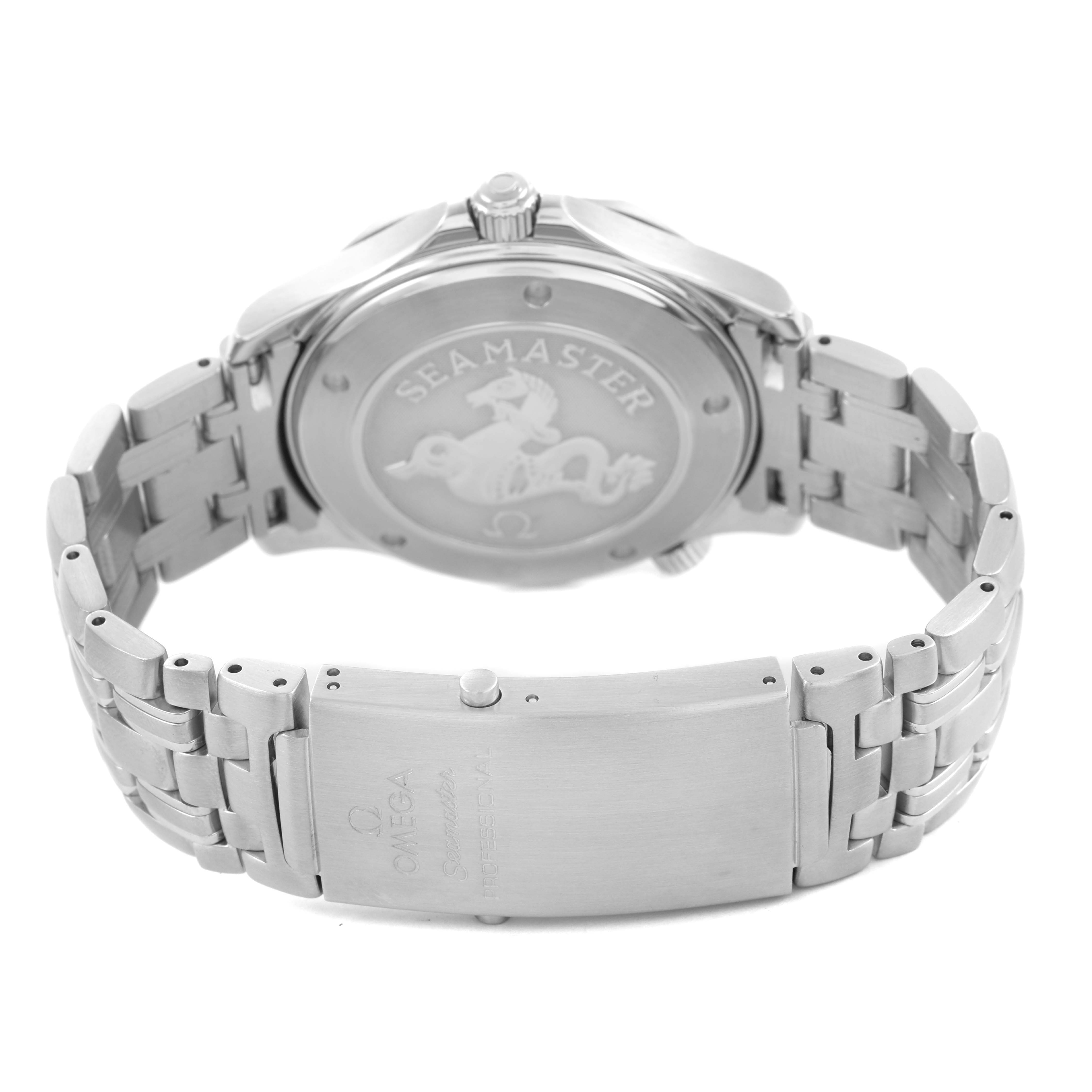 The image shows the back of the Omega Seamaster 2221.80.00 Men's Stainless Steel Blue Dial, highlighting the case back and bracelet with the clasp visible.