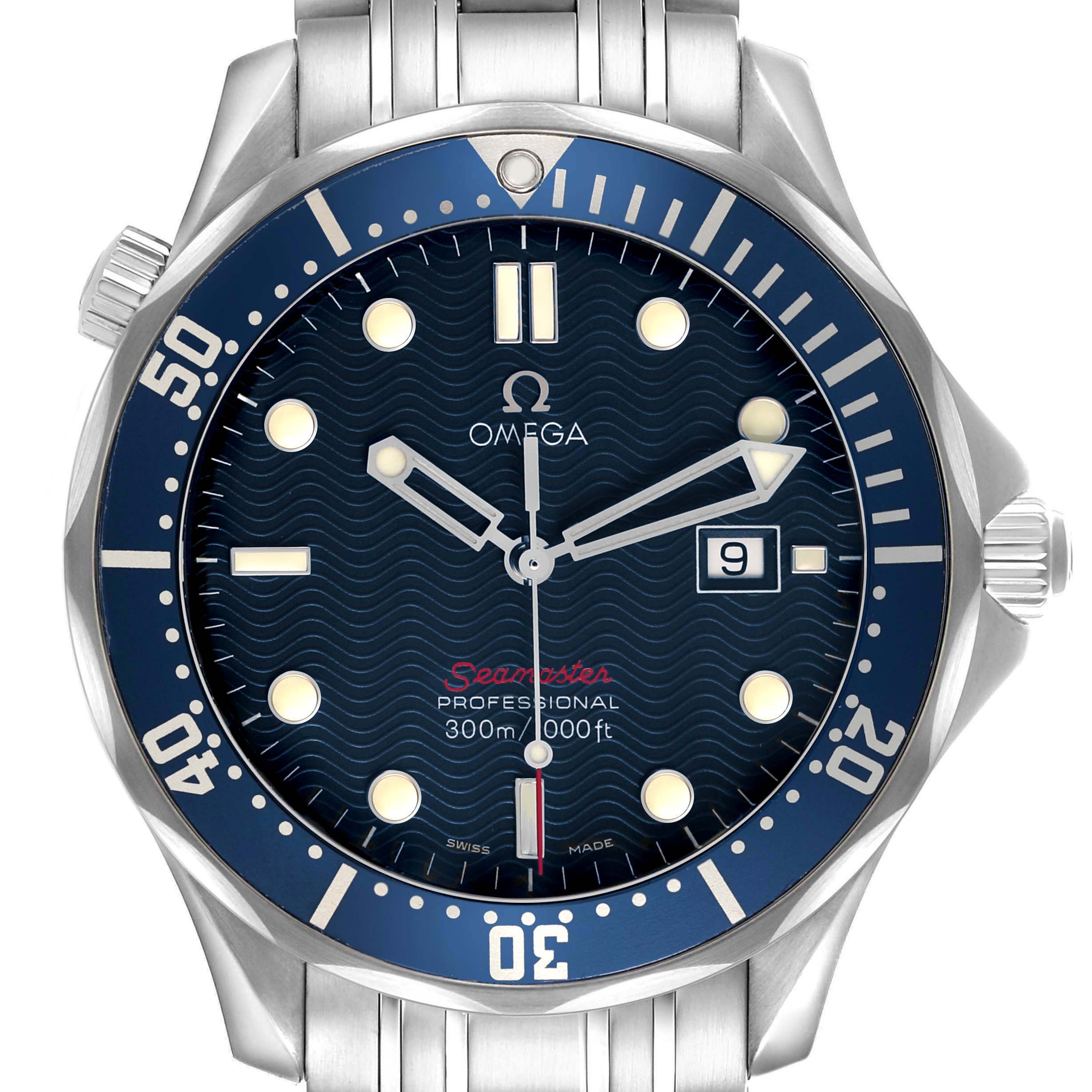 The Omega Seamaster 2221.80.00 Men's Stainless Steel Blue Dial watch is shown from the front, displaying the dial, bezel, and part of the bracelet.