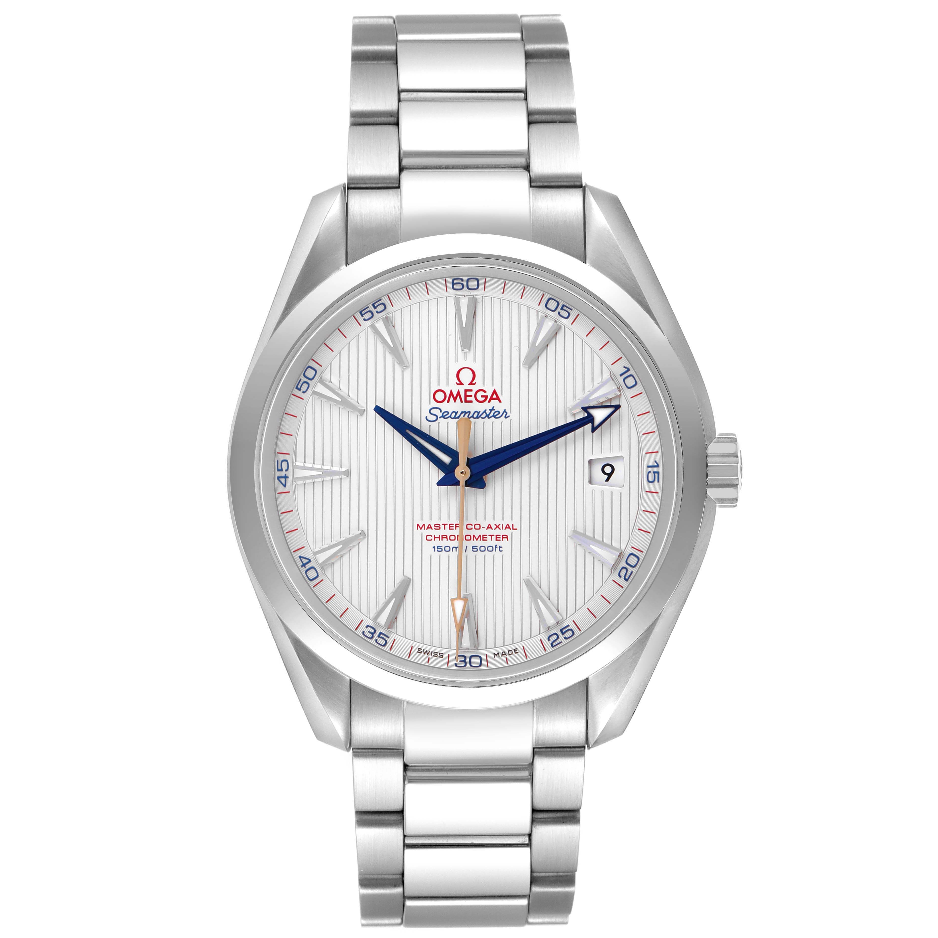 The Omega Seamaster 231.10.42.21.02.004 Men's Stainless Steel Silver Dial watch is shown from a front angle, displaying the face, bracelet, bezel, and crown.