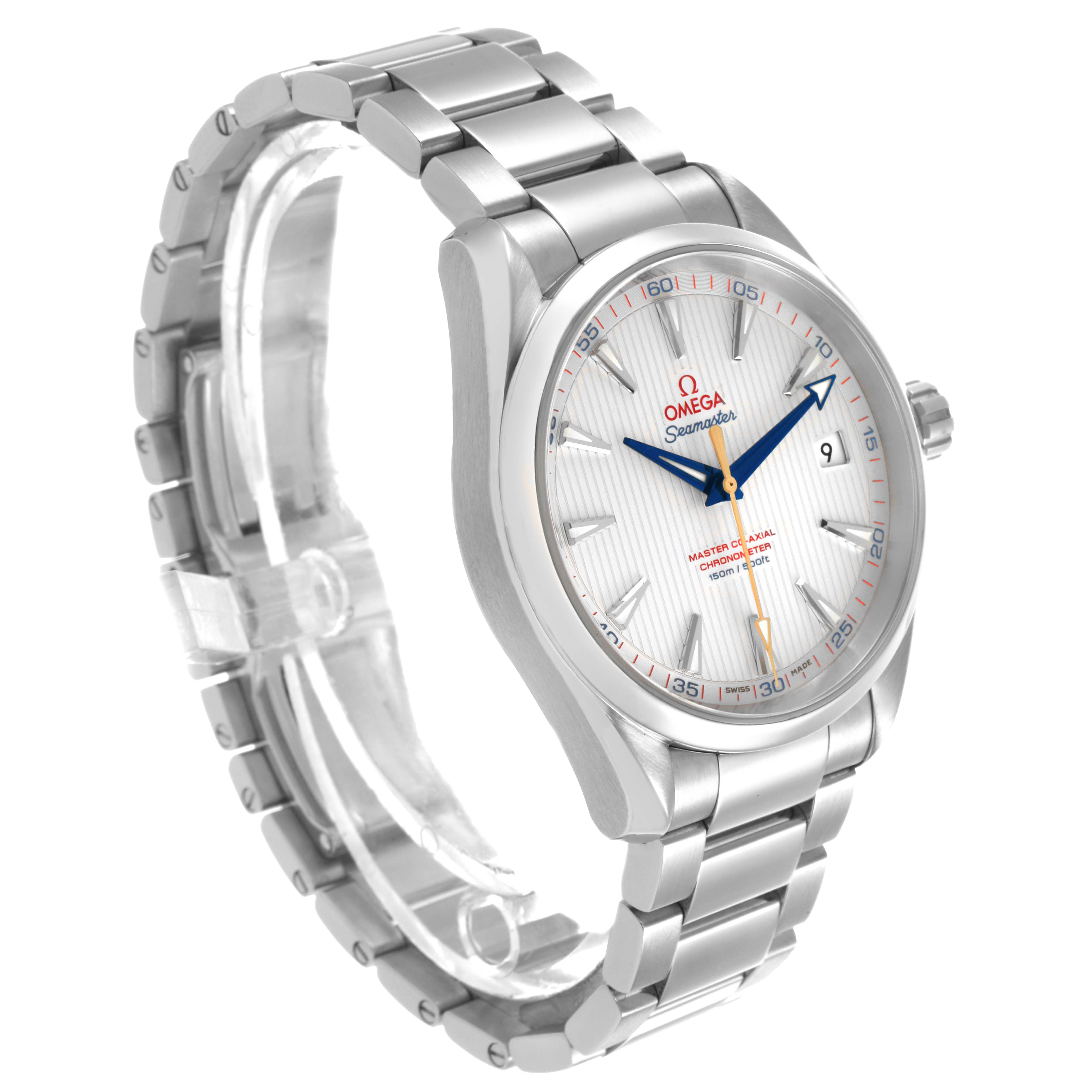 The Omega Seamaster 231.10.42.21.02.004 Men's Stainless Steel Silver Dial watch is shown at a three-quarter angle, highlighting its dial, bezel, and bracelet.