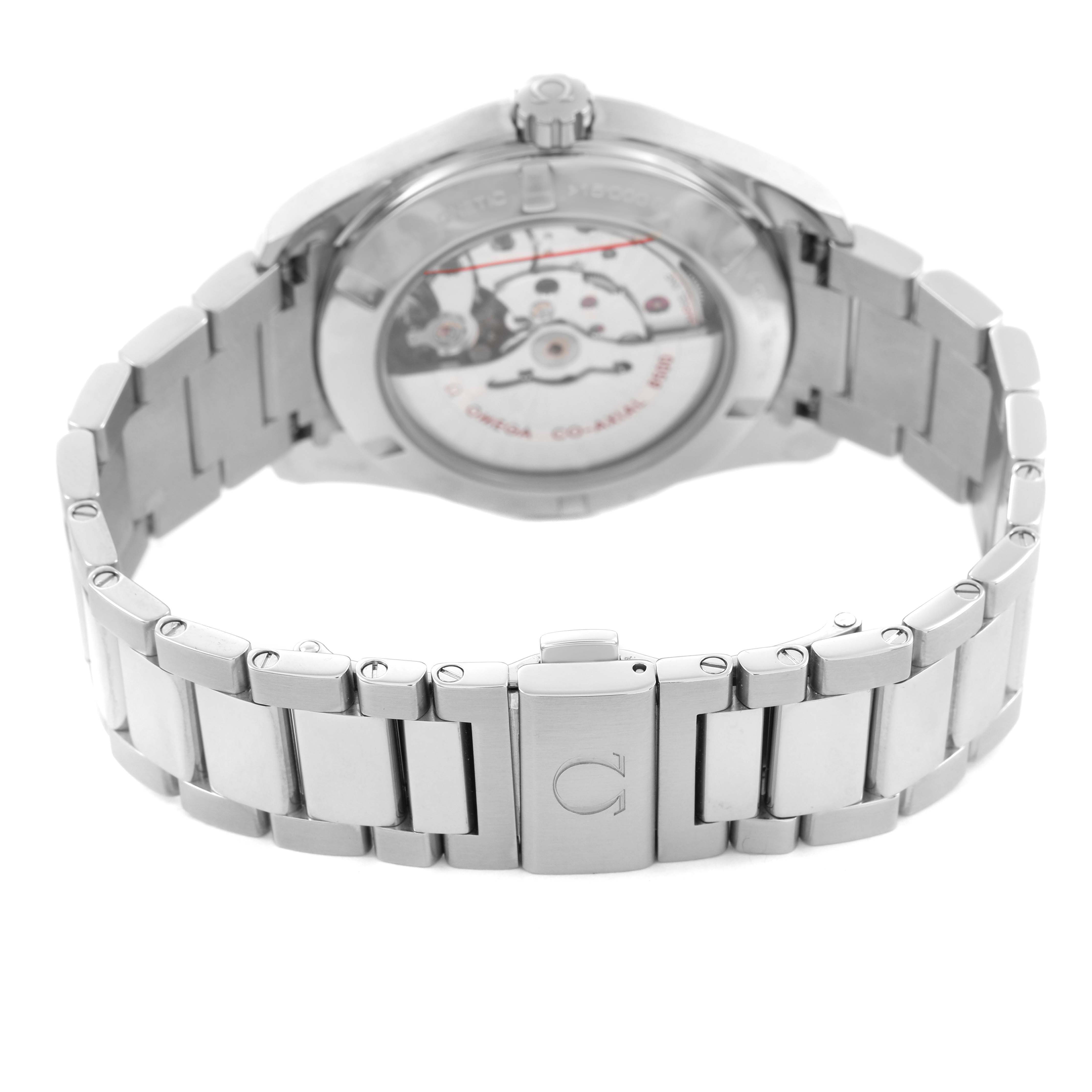 The Omega Seamaster 231.10.42.21.02.004 Men's Stainless Steel Silver Dial watch is shown from the rear, highlighting the open case back and metal bracelet clasp.