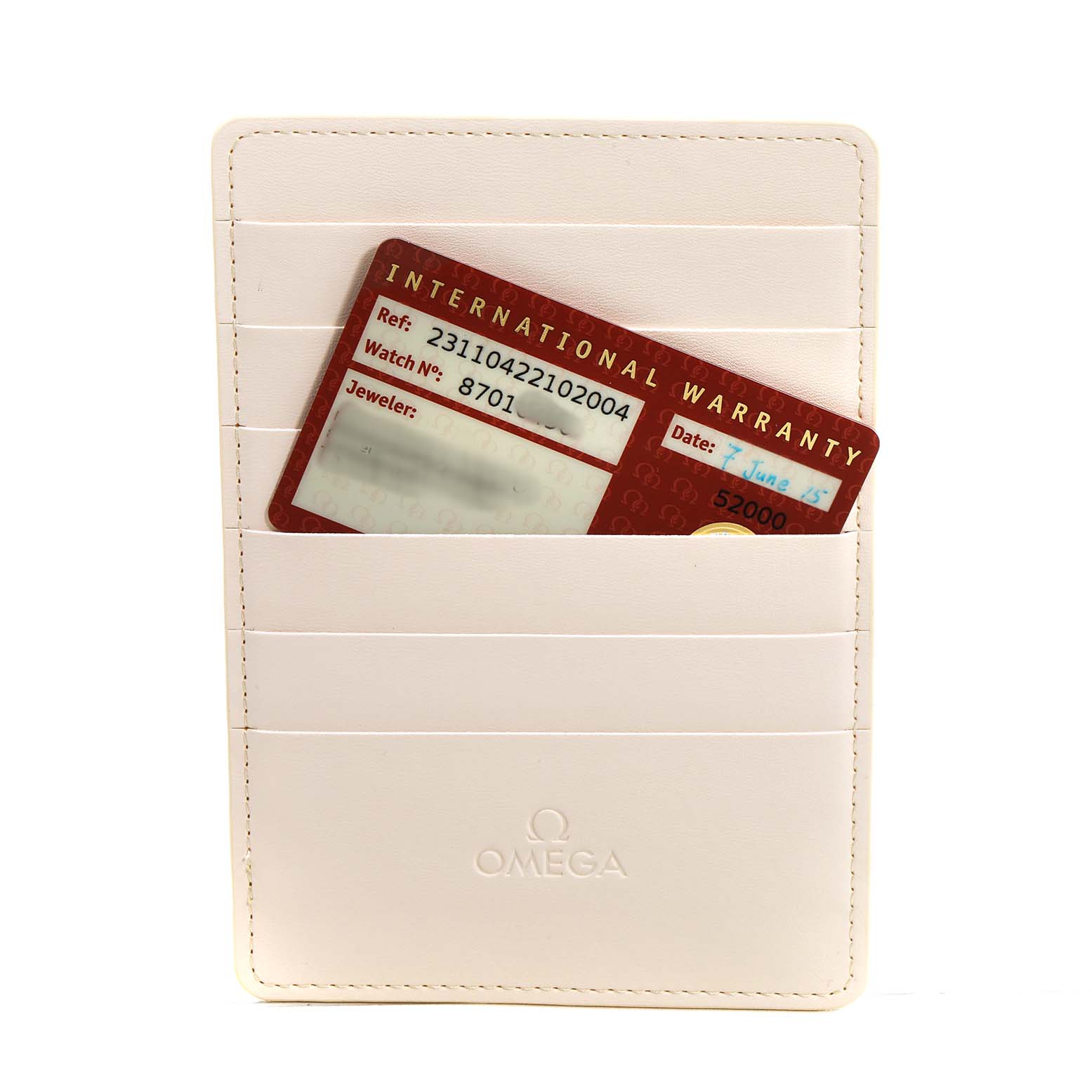 The image shows an Omega Seamaster 231.10.42.21.02.004 Men's Stainless Steel Silver Dial international warranty card partially inserted in a white cardholder with the Omega logo.