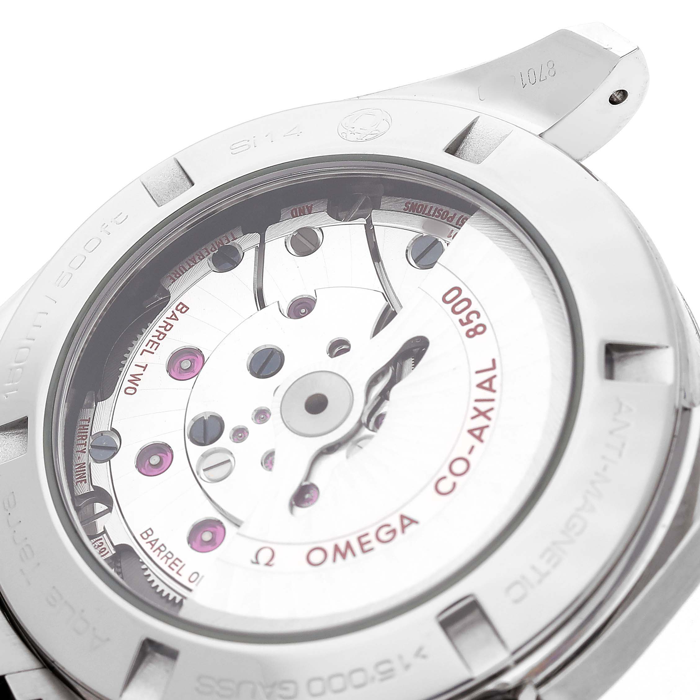 The image shows a close-up of the Omega Seamaster 231.10.42.21.02.004 Men's Stainless Steel Silver Dial's case back, highlighting its Co-Axial 8500 movement.