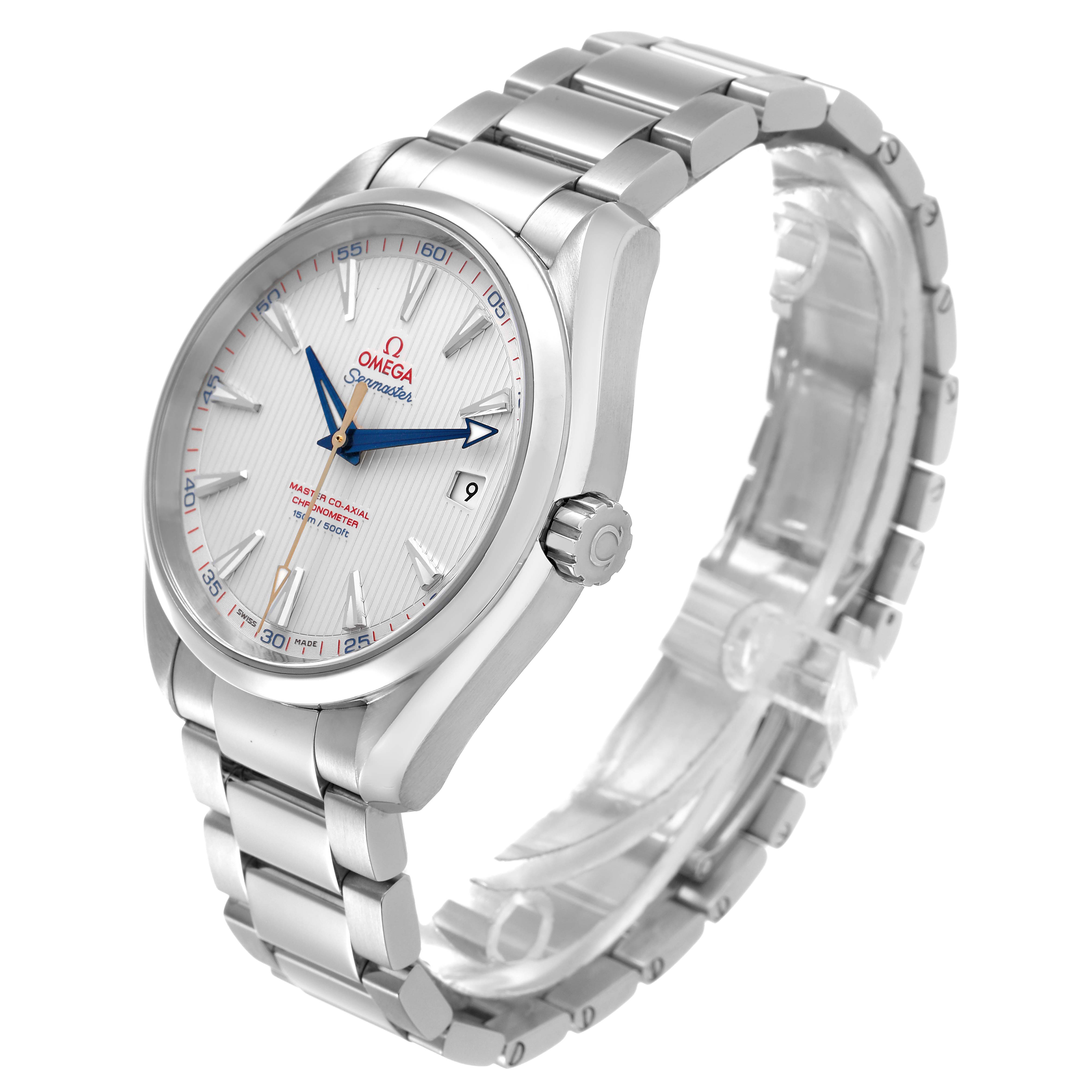 The Omega Seamaster 231.10.42.21.02.004 Men's Stainless Steel Silver Dial watch is shown at a three-quarter angle, highlighting its face, bezel, crown, and bracelet.