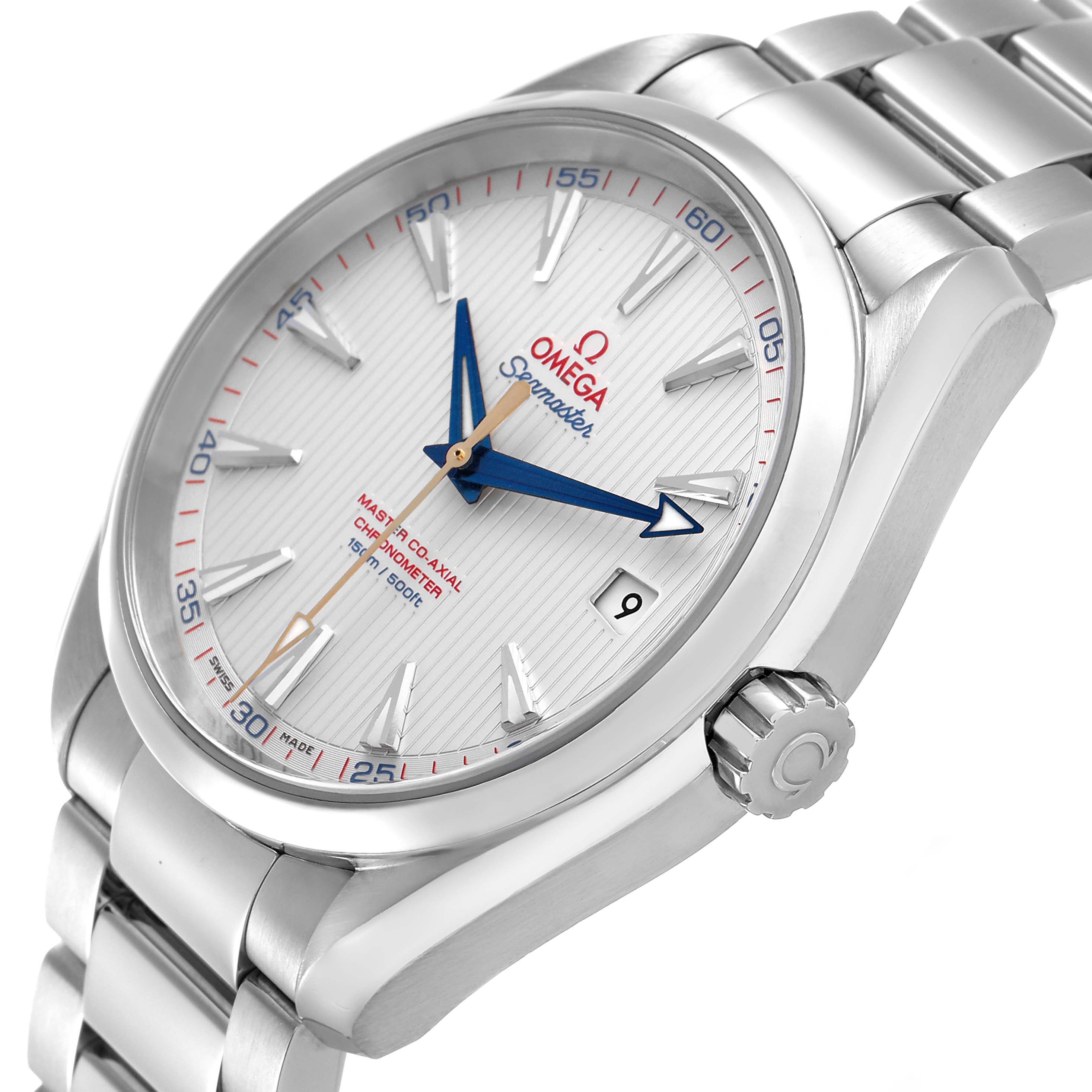 The Omega Seamaster 231.10.42.21.02.004 Men's Stainless Steel Silver Dial watch is shown from a side angle, highlighting its face, bezel, crown, and metal bracelet.