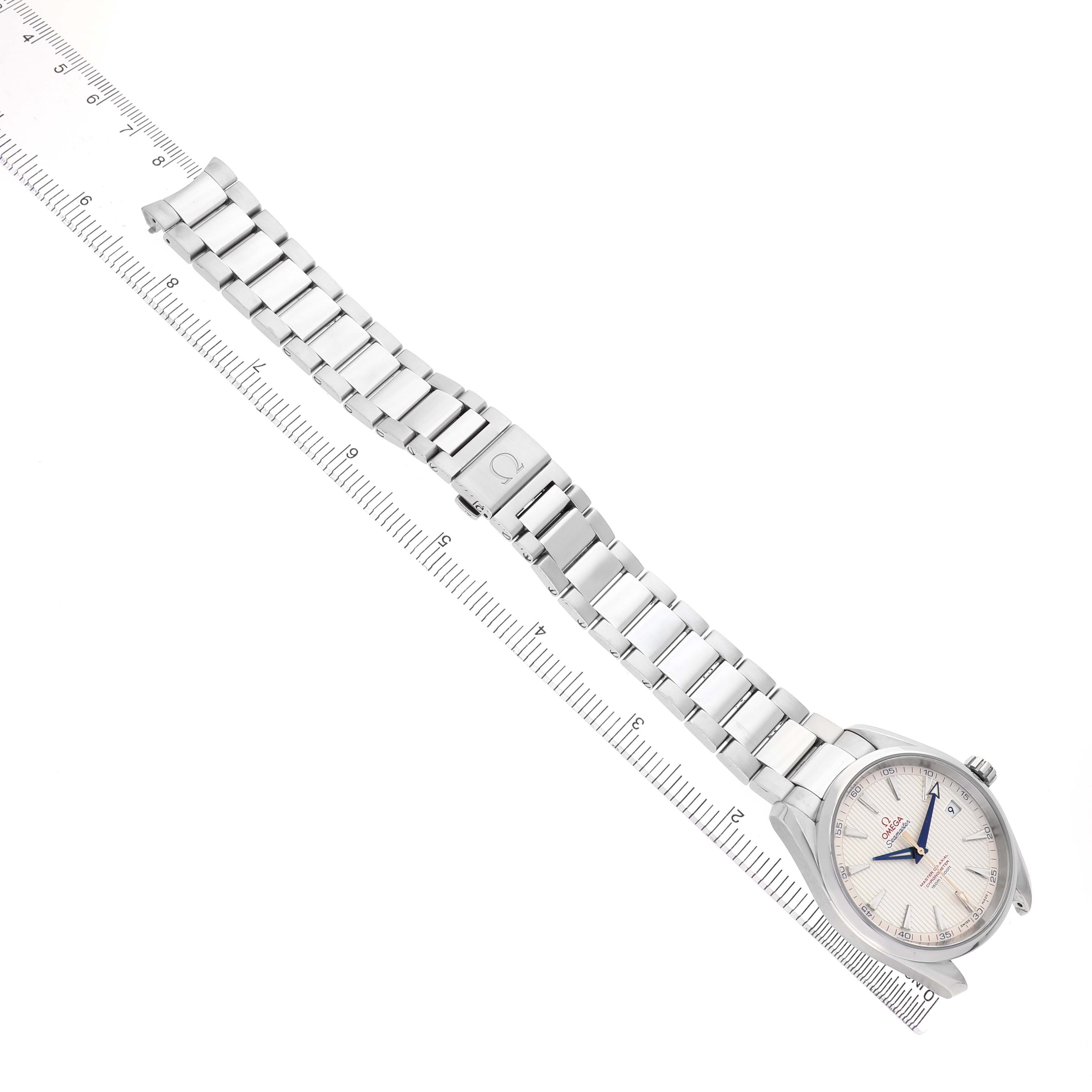 The Omega Seamaster 231.10.42.21.02.004 Men's Stainless Steel Silver Dial watch is shown from an overhead angle, highlighting its face and metal bracelet.