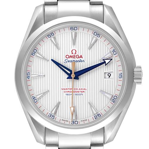 The Omega Seamaster 231.10.42.21.02.004 Men's Stainless Steel Silver Dial watch is shown from a front angle, highlighting the dial, hands, and date window.