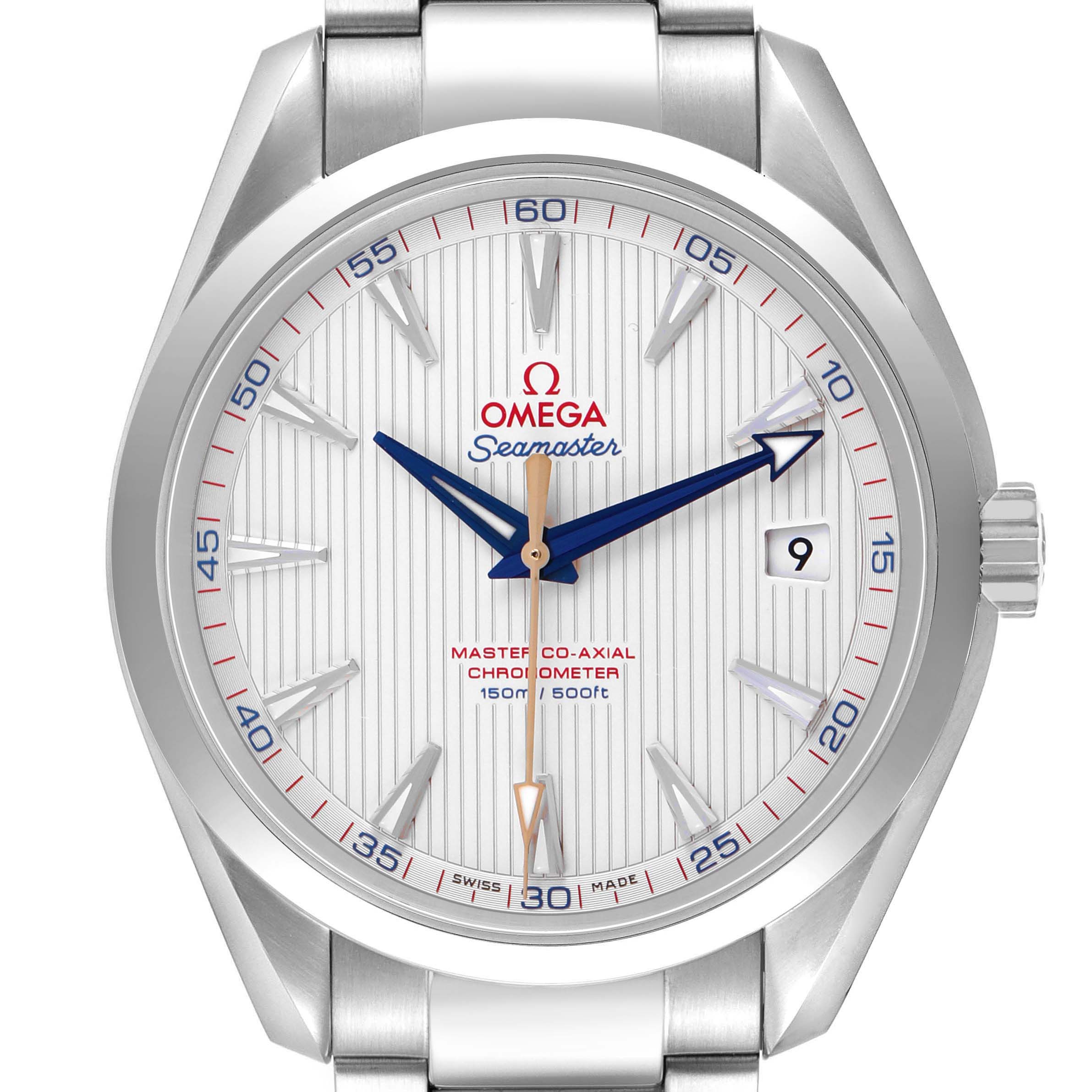 The Omega Seamaster 231.10.42.21.02.004 Men's Stainless Steel Silver Dial watch is shown from the front, highlighting its face, dial, hands, and bracelet.