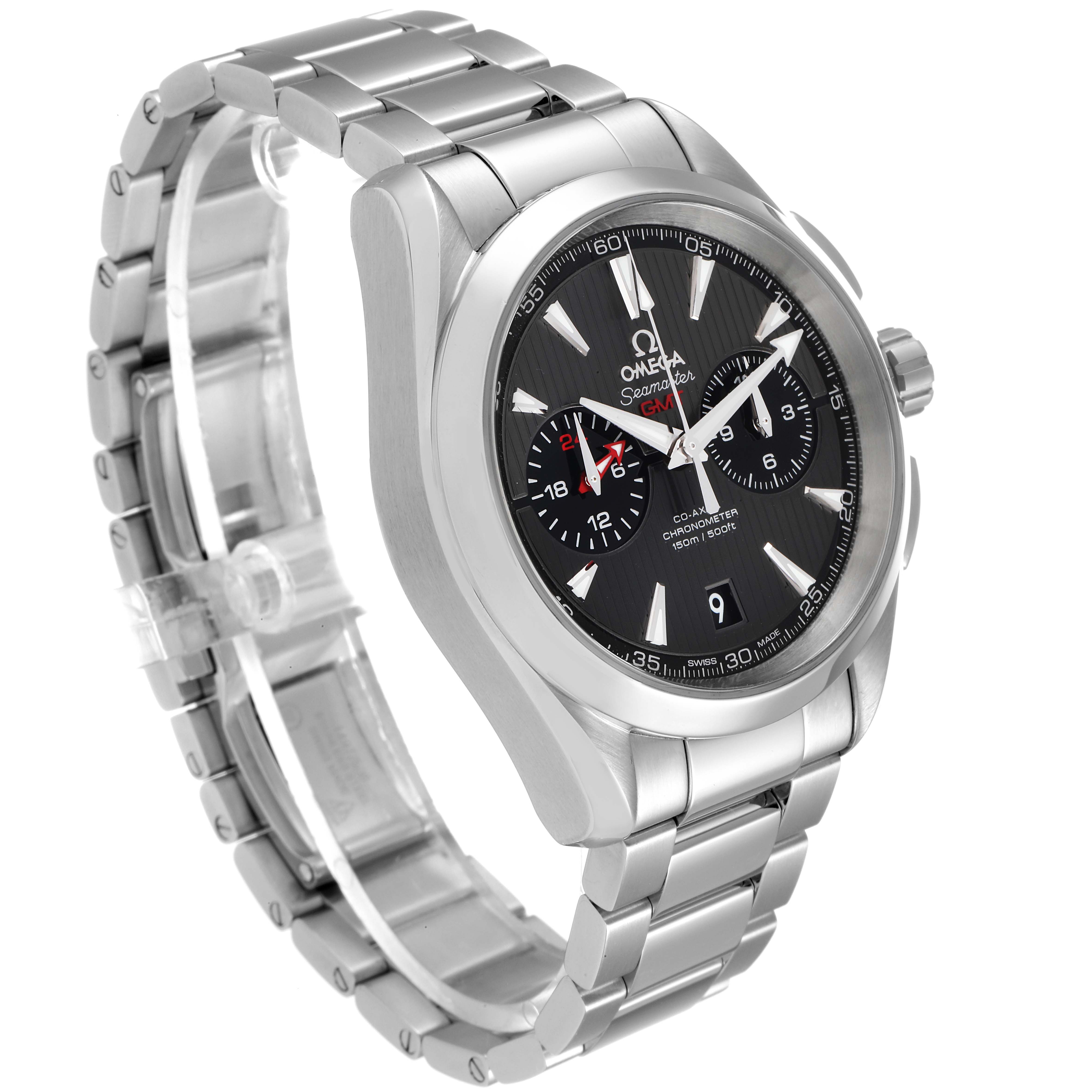 This image shows a side view of the Omega Aqua Terra 231.10.43.52.06.001 Men's Stainless Steel Black Dial 231.10.43.52.06.001 Men's Stainless Steel Black Dial watch, highlighting its dial, bezel, crown, and stainless steel bracelet.