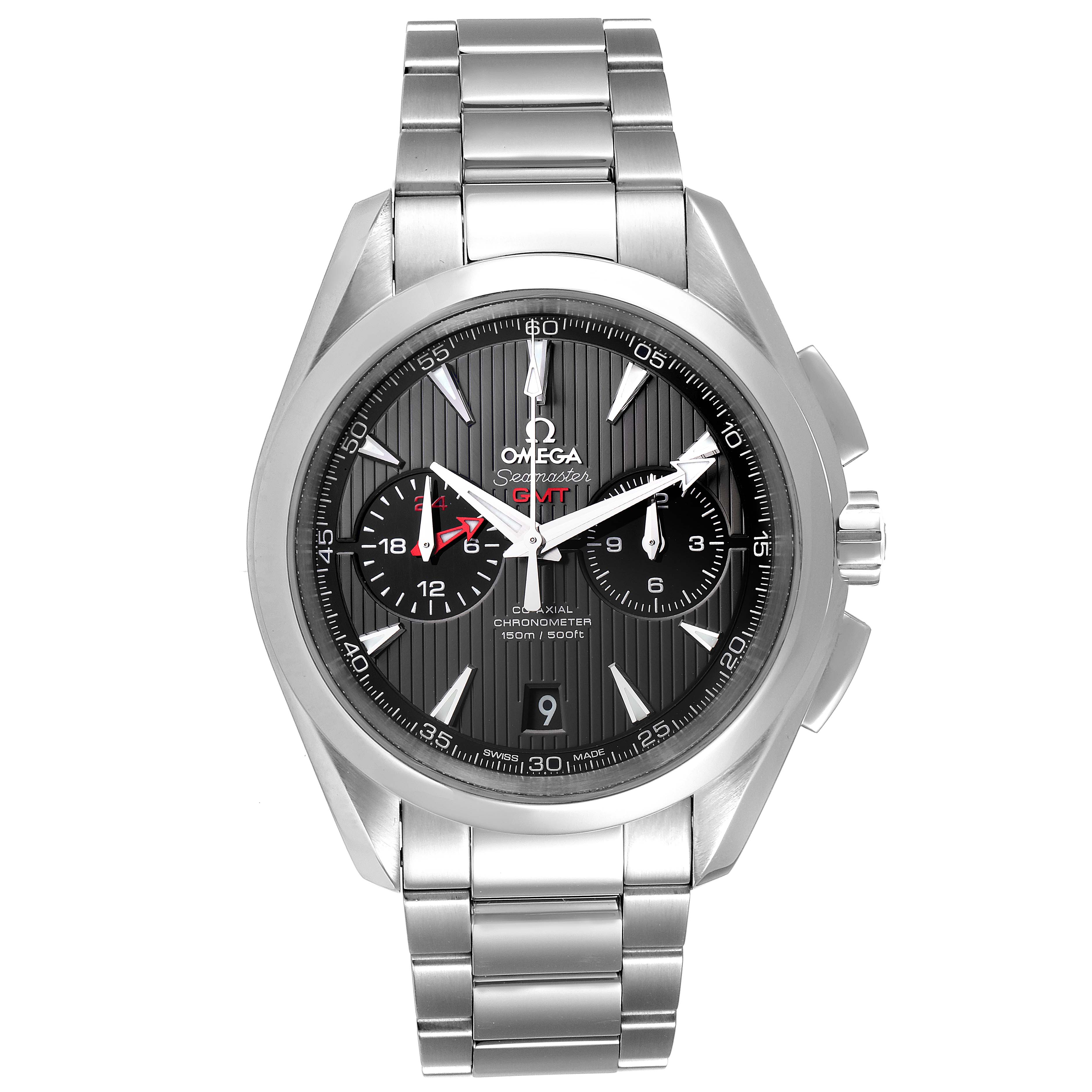 The front view of the Omega Aqua Terra 231.10.43.52.06.001 Men's Stainless Steel Black Dial 231.10.43.52.06.001 Men's Stainless Steel Black Dial watch with a stainless steel case and bracelet is shown.