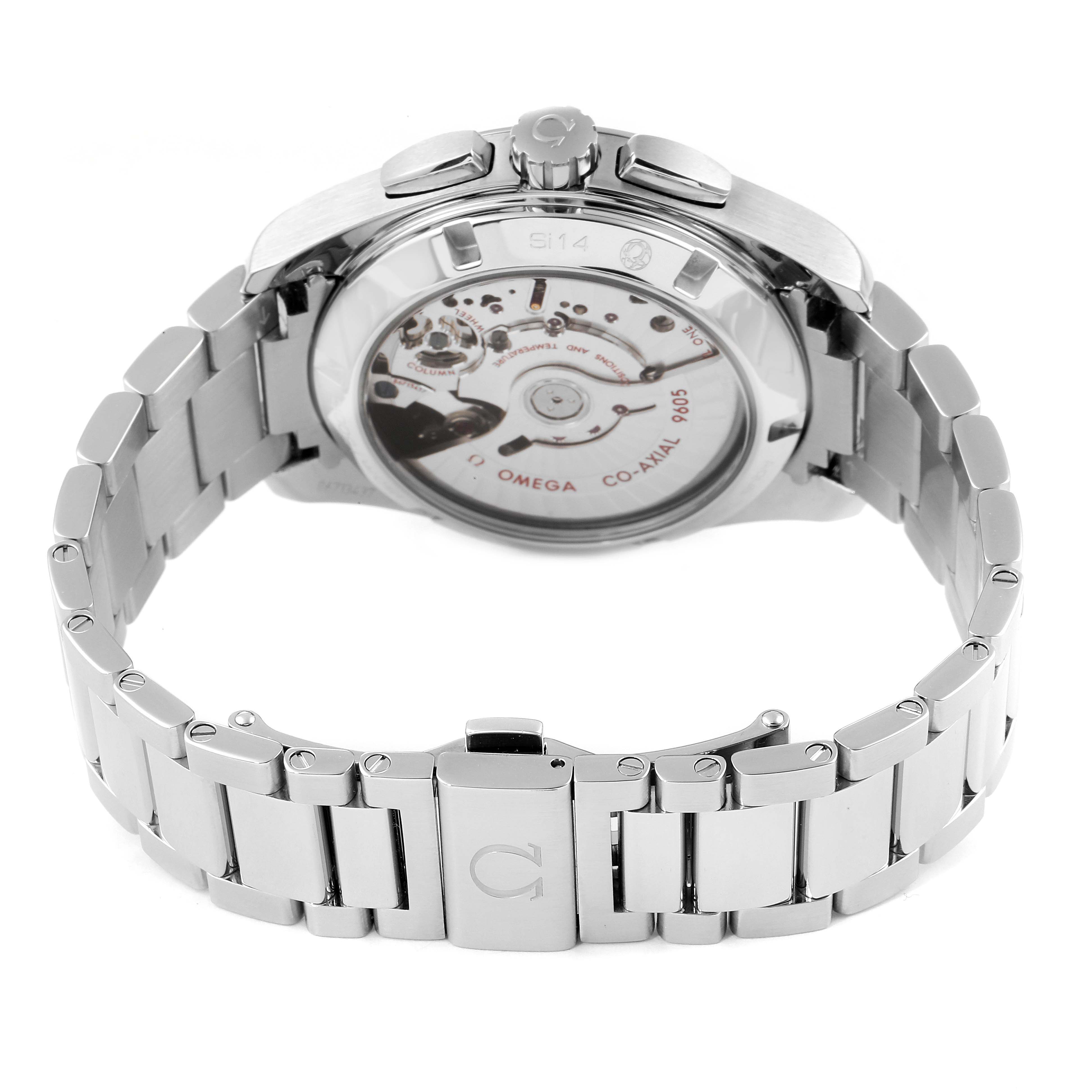 The image shows the back view of the Omega Aqua Terra 231.10.43.52.06.001 Men's Stainless Steel Black Dial 231.10.43.52.06.001 Men's Stainless Steel Black Dial watch, highlighting its transparent case back and metal bracelet.