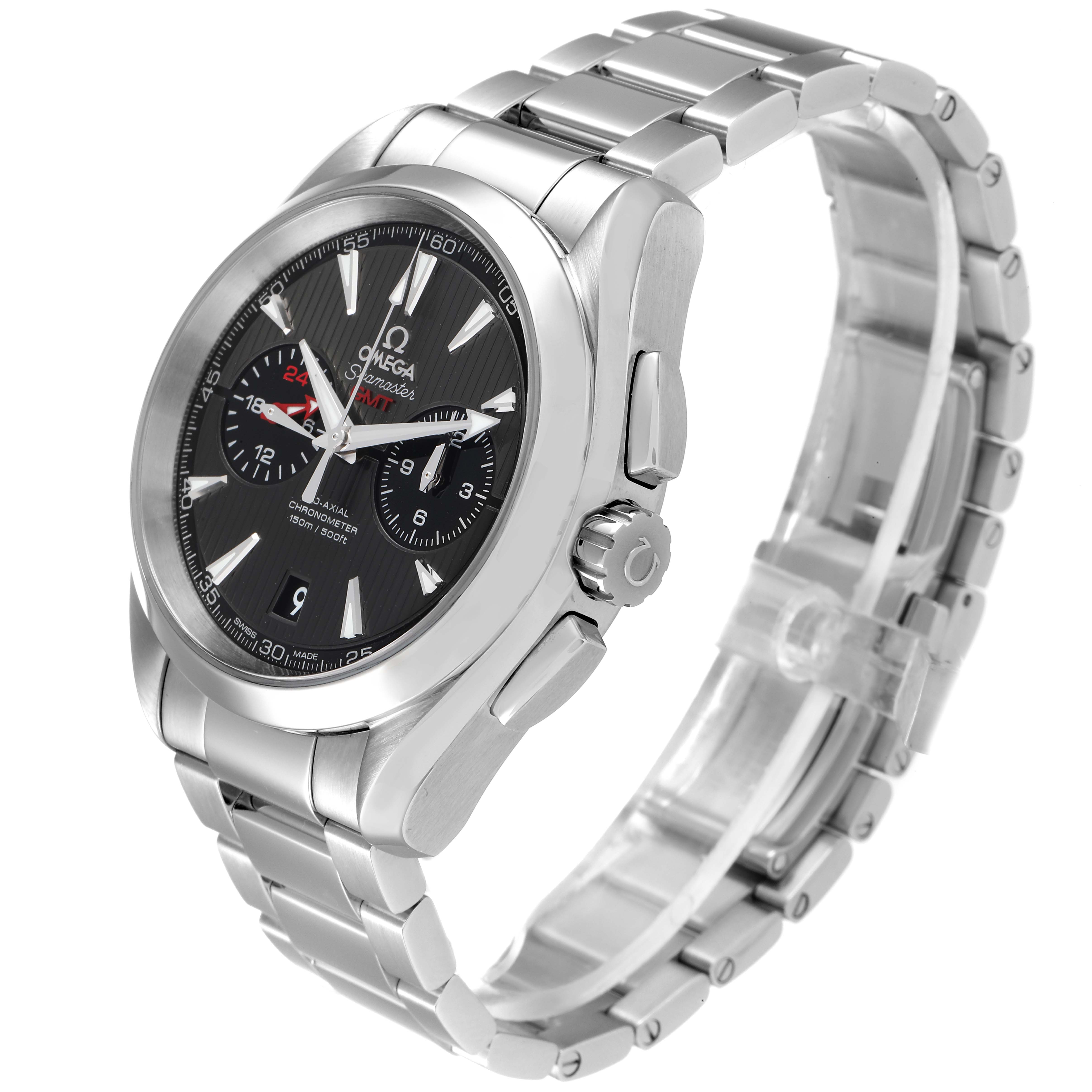 The Omega Aqua Terra 231.10.43.52.06.001 Men's Stainless Steel Black Dial 231.10.43.52.06.001 Men's Stainless Steel Black Dial watch is shown at a three-quarter angle, highlighting its face, crown, and metal bracelet.