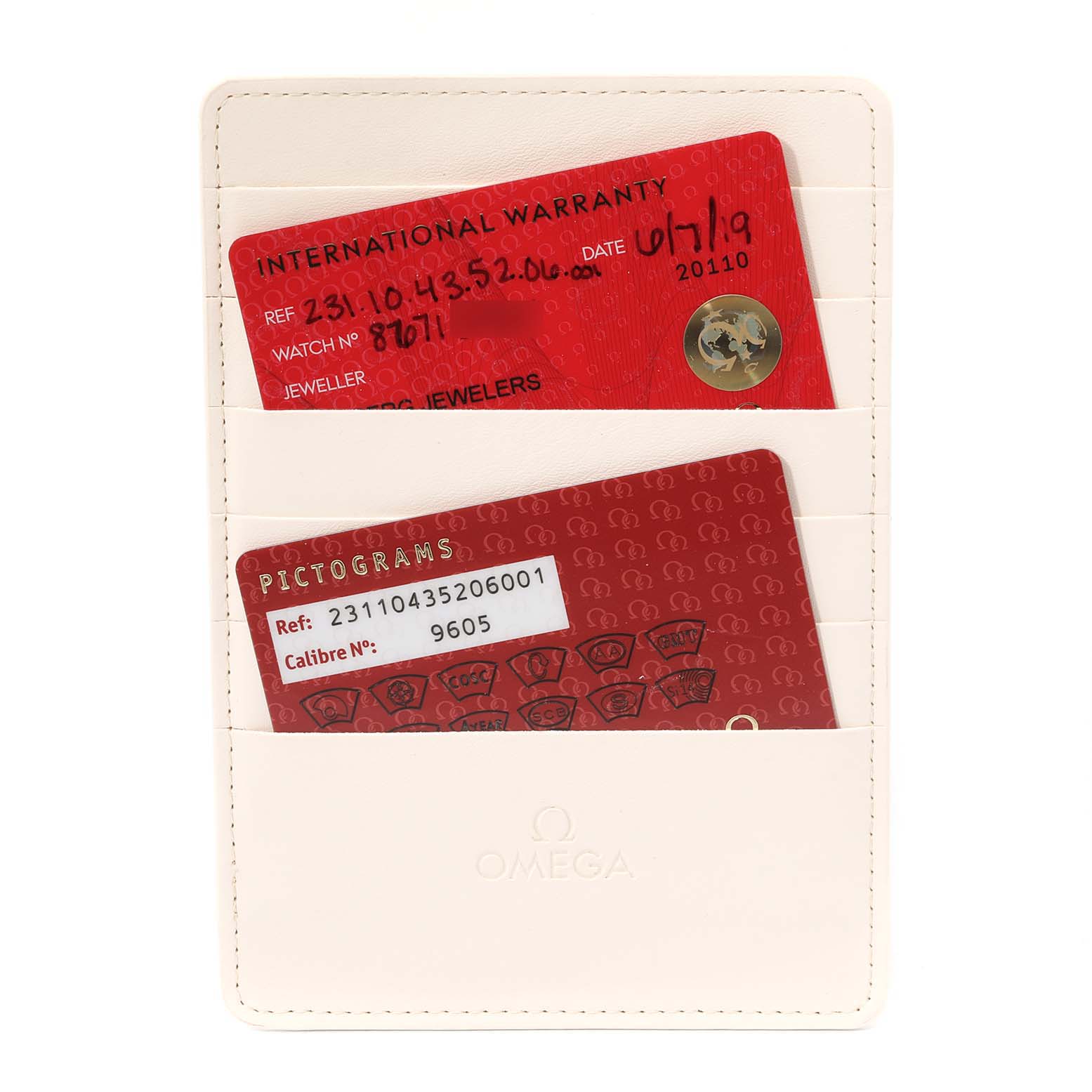 This image shows Omega Aqua Terra 231.10.43.52.06.001 Men's Stainless Steel Black Dial 231.10.43.52.06.001 Men's Stainless Steel Black Dial warranty and pictogram cards in a white card holder.