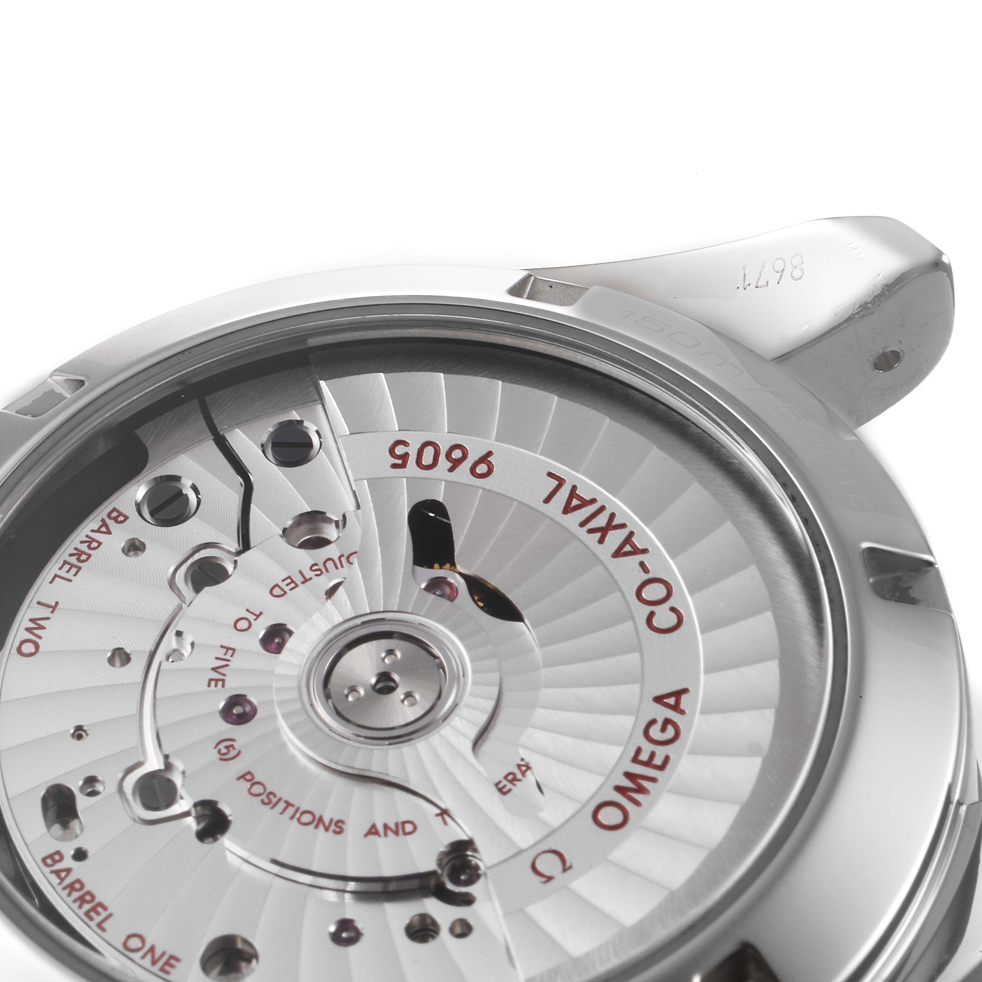 The image shows the back casing and intricate internal mechanisms of the Omega Aqua Terra 231.10.43.52.06.001 Men's Stainless Steel Black Dial 231.10.43.52.06.001 Men's Stainless Steel Black Dial watch.