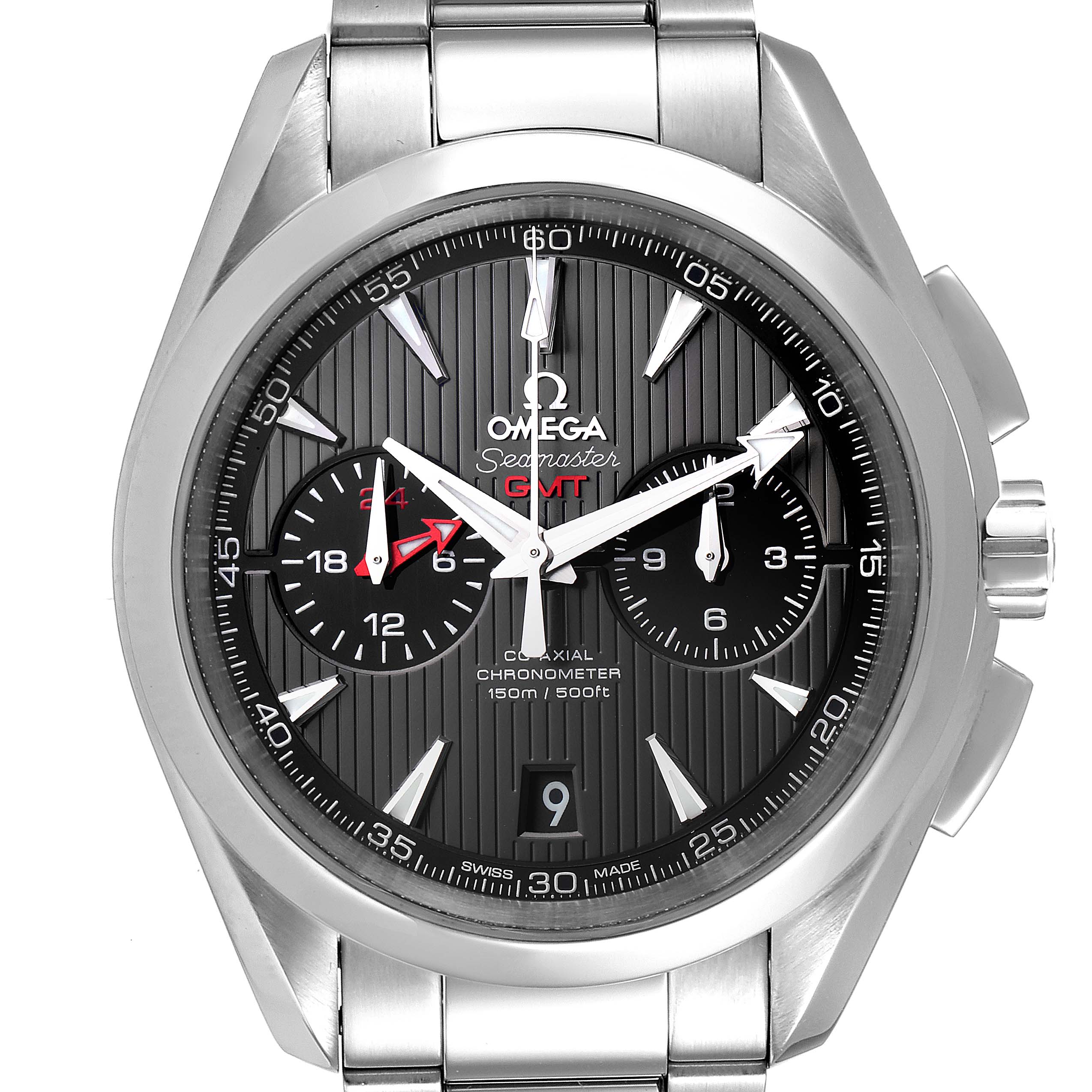The image shows a front view of the Omega Seamaster Aqua Terra GMT watch, highlighting its face, hands, and stainless steel bracelet.