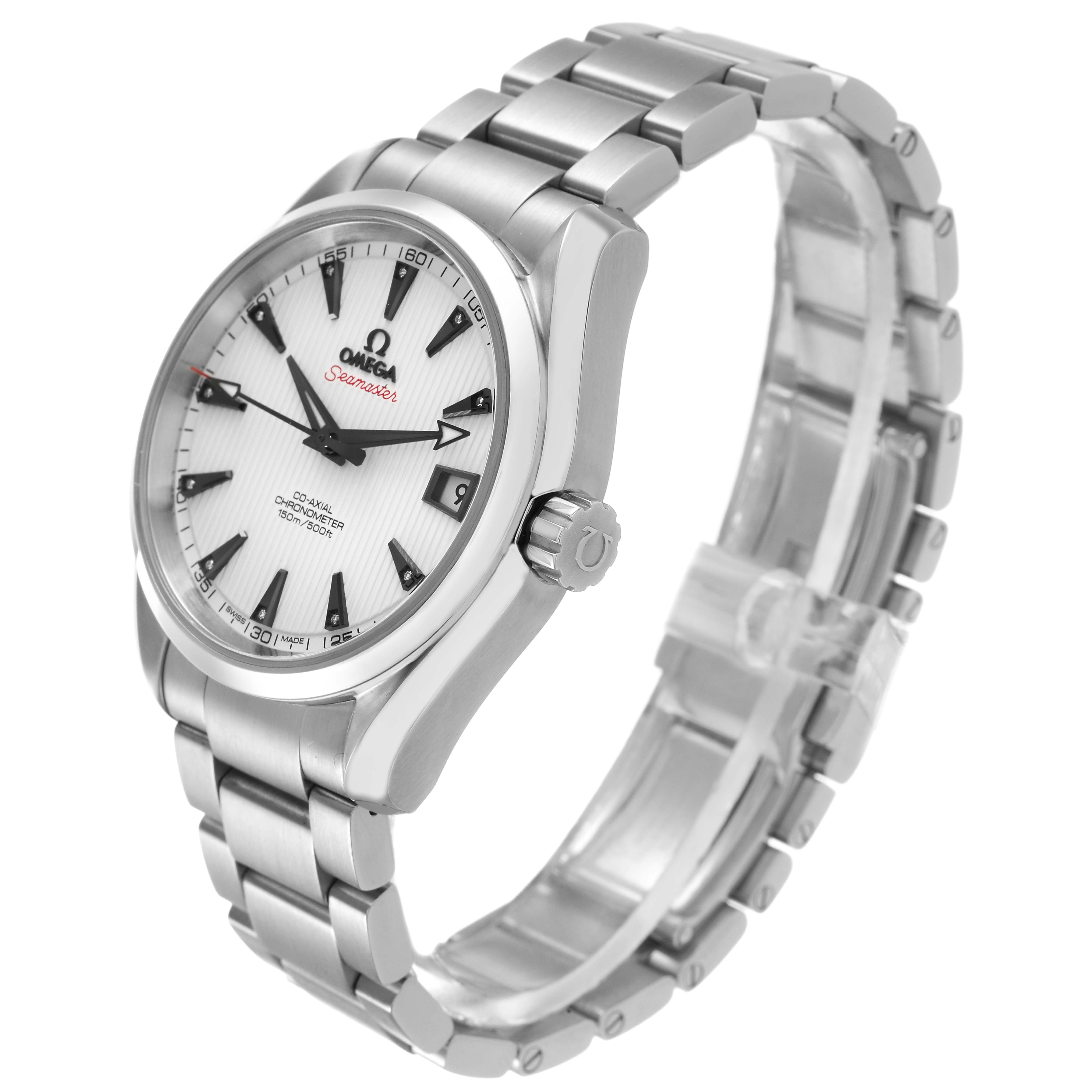 The Omega Aqua Terra 231.10.39.21.54.001 Men's Stainless Steel White Dial watch is shown at a three-quarter angle, highlighting the dial, bezel, crown, and bracelet.