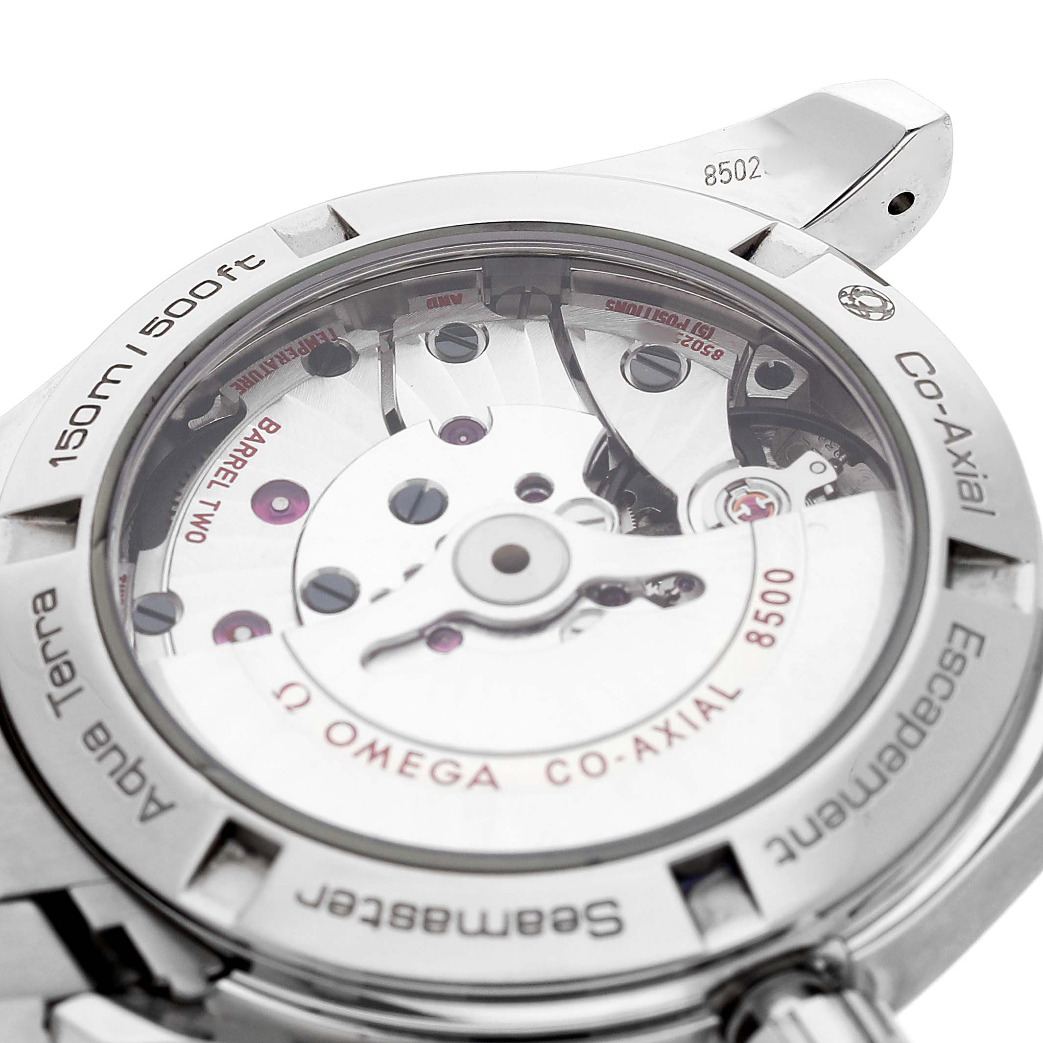 The image shows the back case of an Omega Aqua Terra 231.10.39.21.54.001 Men's Stainless Steel White Dial watch, highlighting the Co-Axial escapement and inner mechanisms.