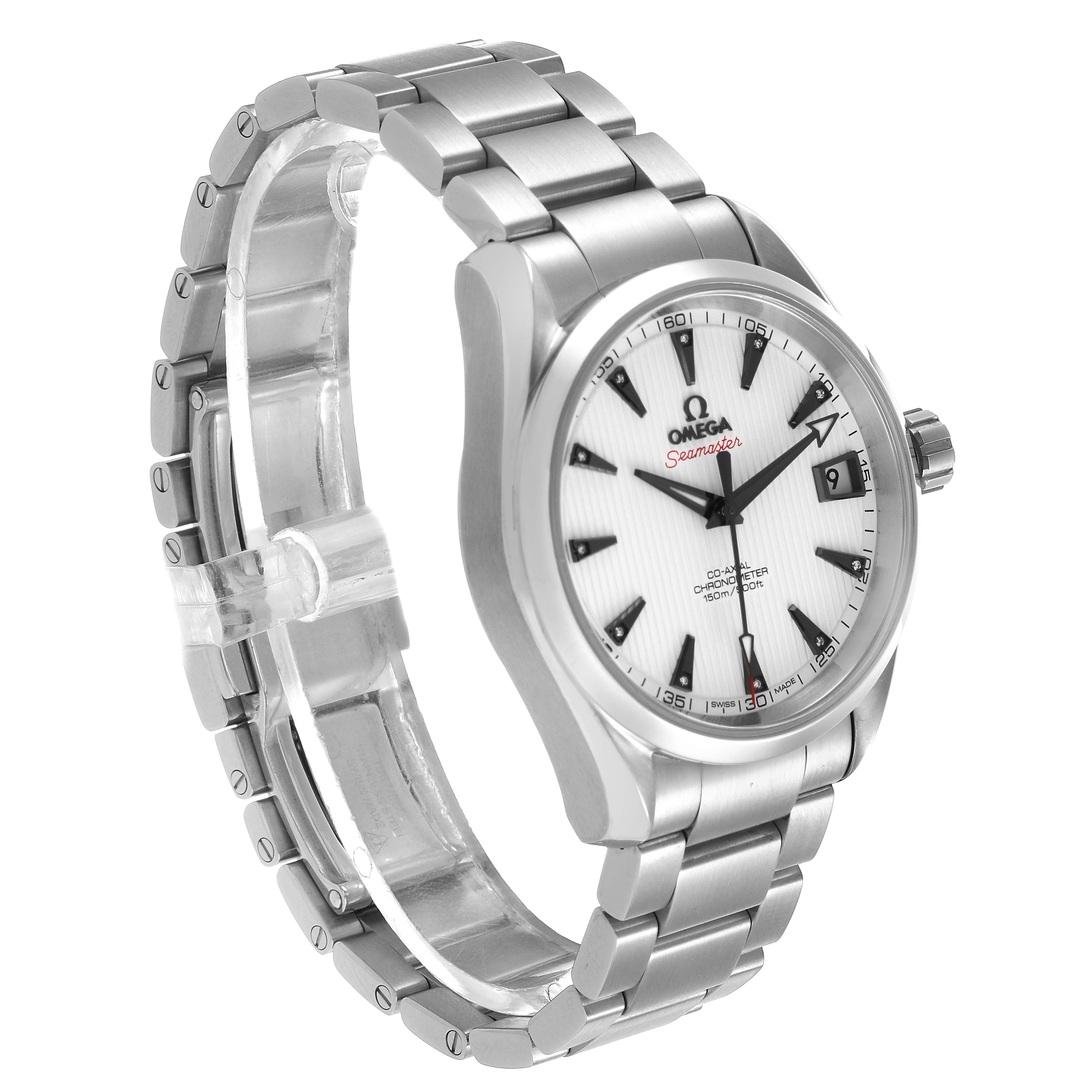 The Omega Aqua Terra 231.10.39.21.54.001 Men's Stainless Steel White Dial watch is shown at a slight side angle, displaying the face, bracelet, and crown.