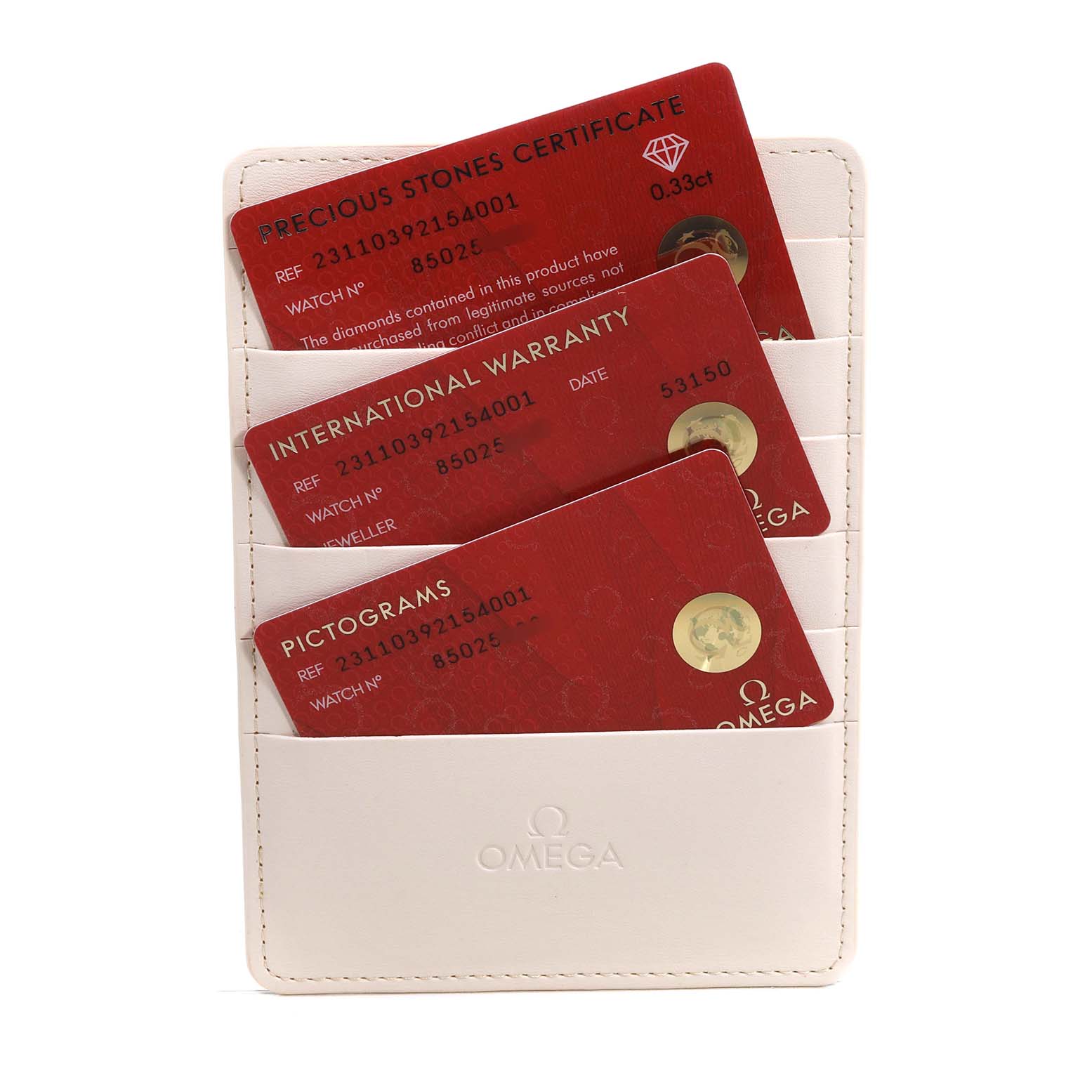 The image features warranty and certification cards for the Omega Aqua Terra 231.10.39.21.54.001 Men's Stainless Steel White Dial model, organized in a white cardholder.