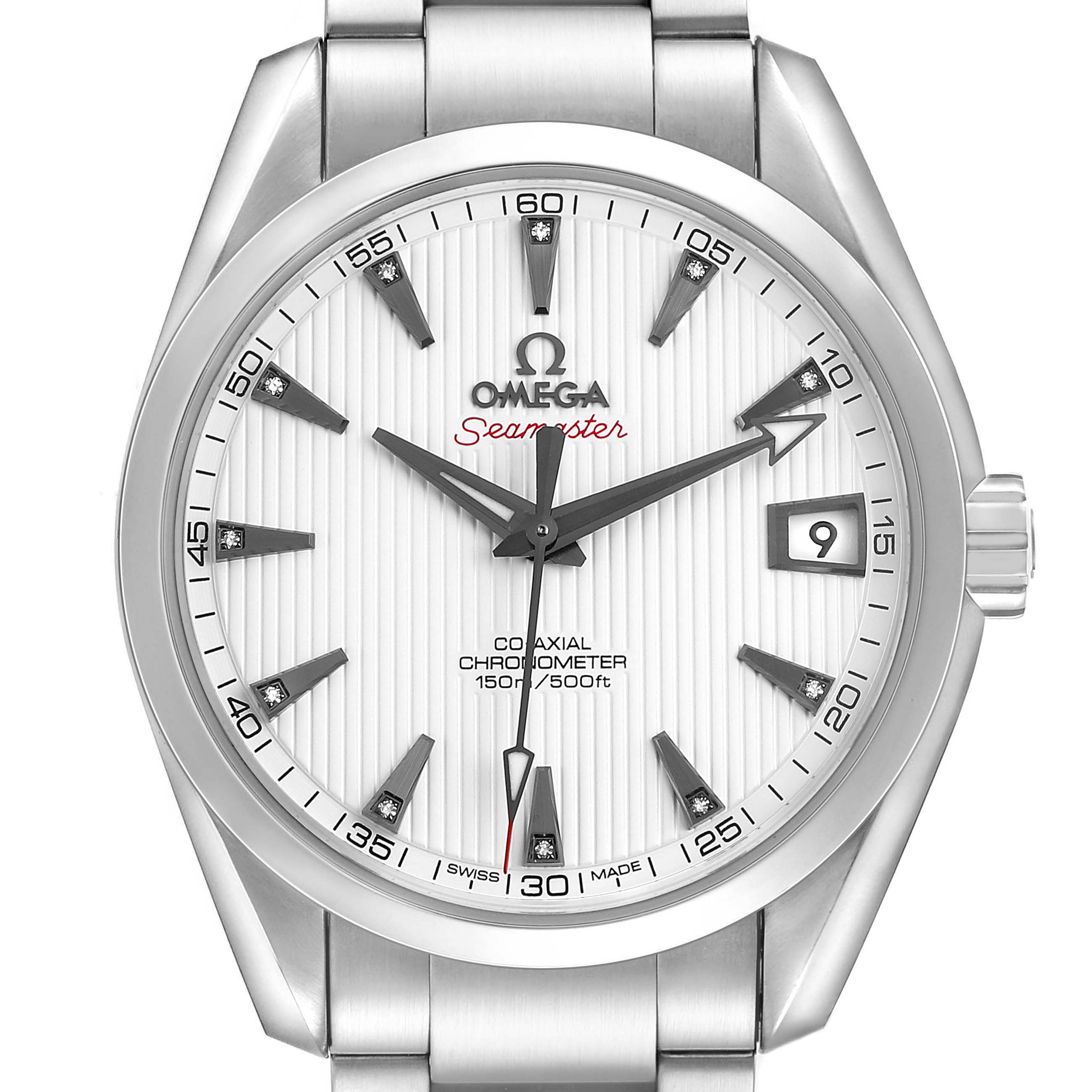 The Omega Aqua Terra 231.10.39.21.54.001 Men's Stainless Steel White Dial watch is shown from a front view, highlighting the face, bezel, bracelet, and date indicator.