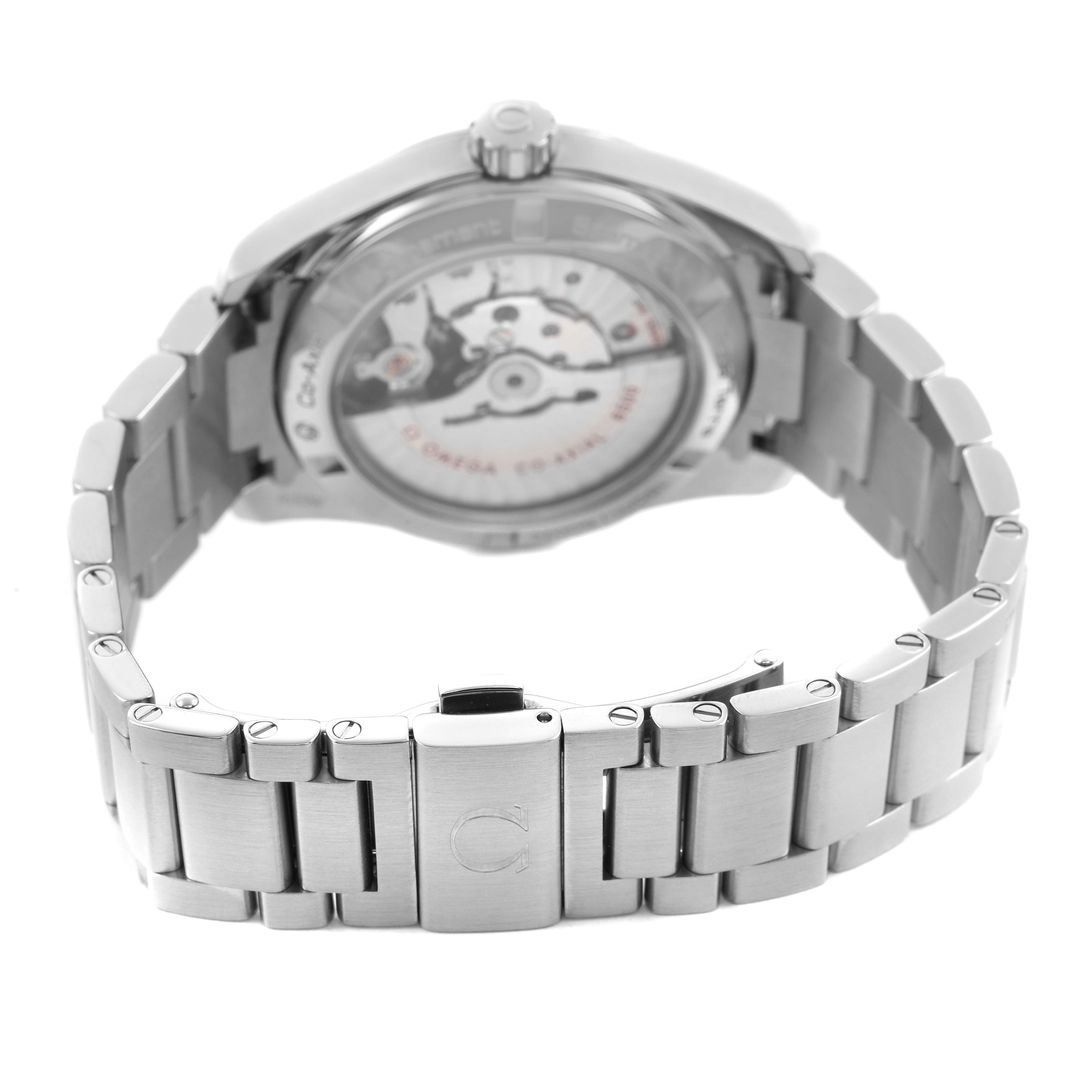 The Omega Aqua Terra 231.10.39.21.54.001 Men's Stainless Steel White Dial watch is shown from the back, highlighting the case back and stainless steel bracelet with clasp.