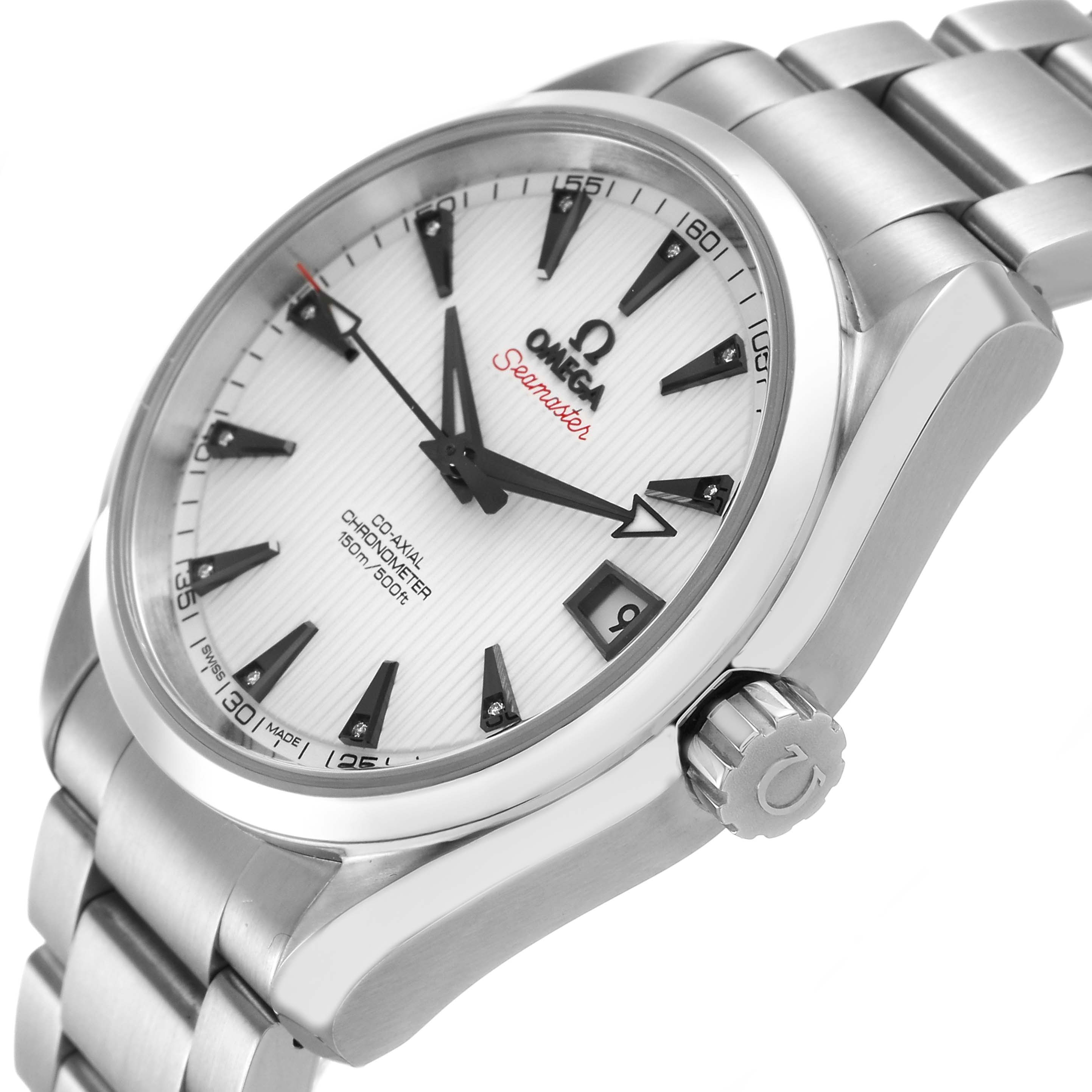 The Omega Aqua Terra 231.10.39.21.54.001 Men's Stainless Steel White Dial watch is shown at a slight side angle, highlighting the face, hour markers, and the side crown.
