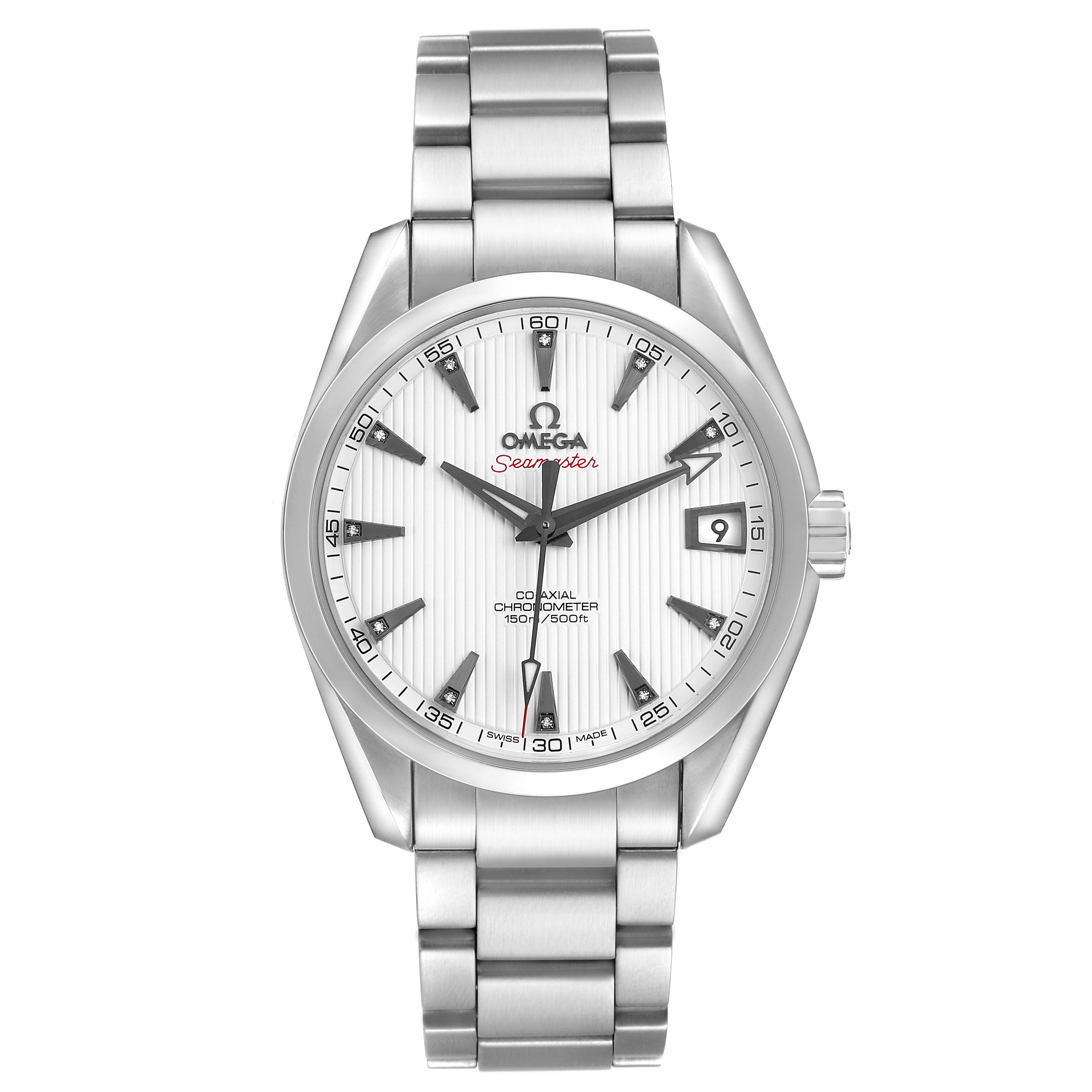 The Omega Aqua Terra 231.10.39.21.54.001 Men's Stainless Steel White Dial watch is shown from a front view, displaying its face, bezel, bracelet, and crown.