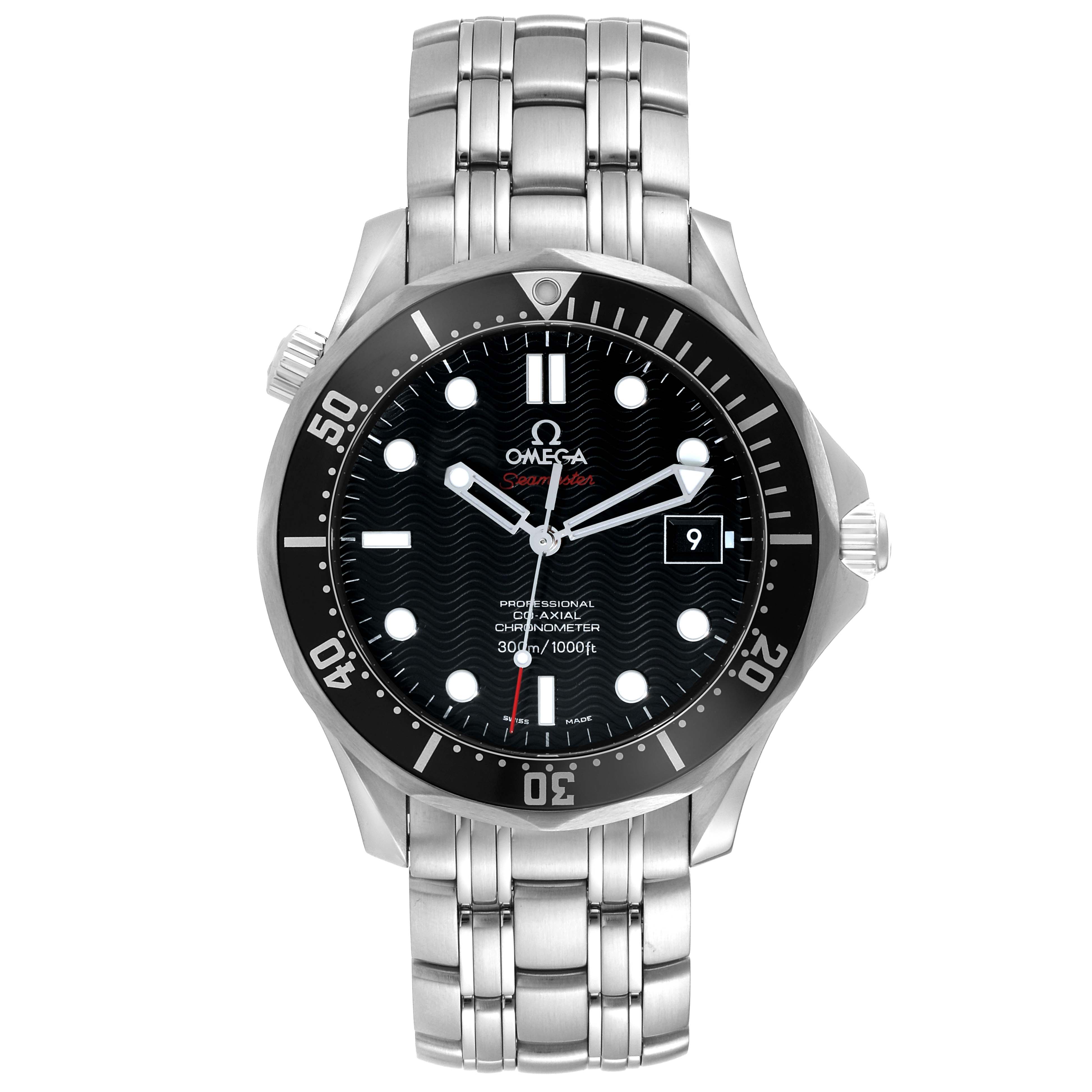 The image shows an Omega Seamaster 212.30.41.20.01.002 Men
s Stainless Steel Black Dial 212.30.41.20.01.002 Men
s Stainless Steel Black Dial watch from a top-down angle, highlighting the dial, bezel, and stainless steel bracelet.
