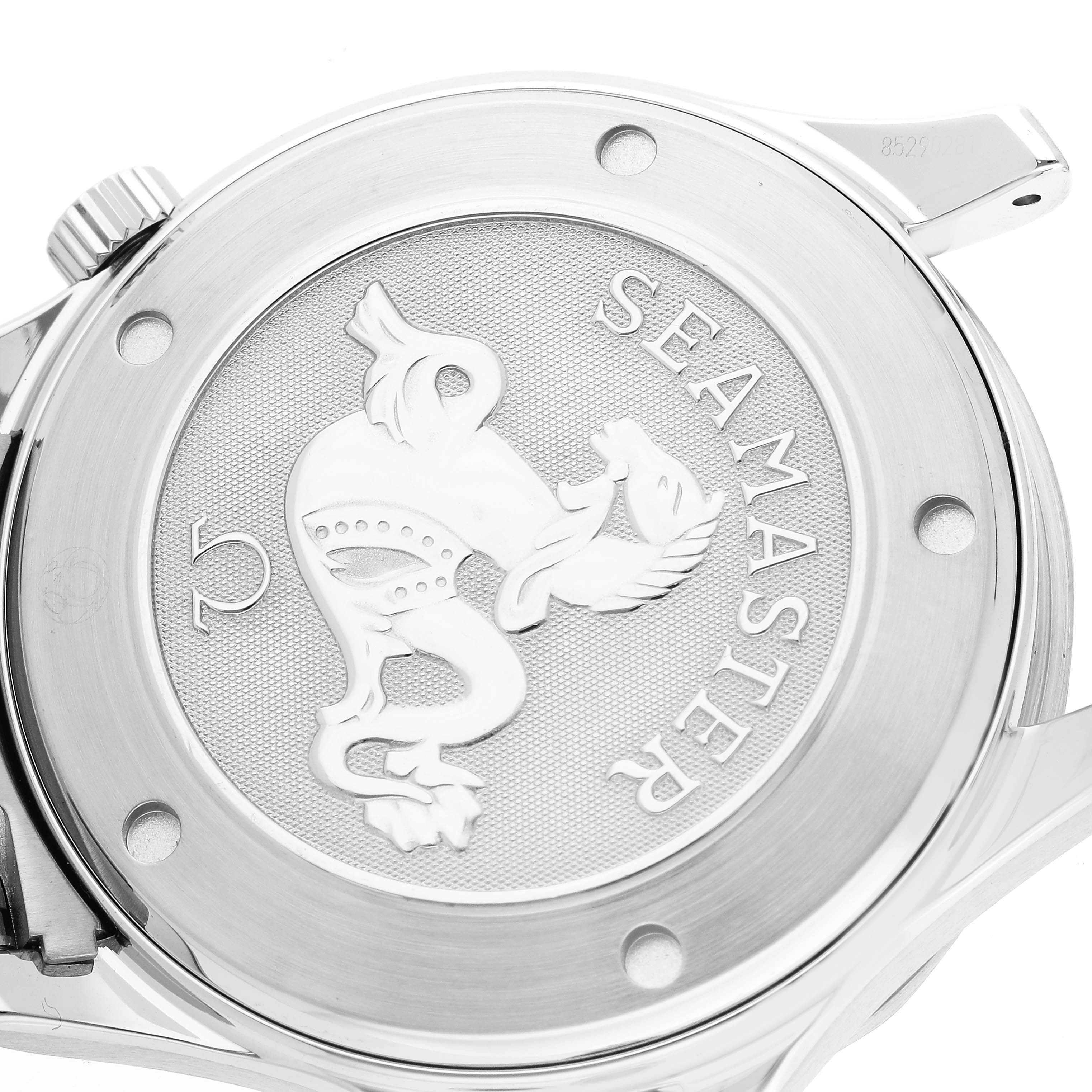 This image shows the case back of the Omega Seamaster 212.30.41.20.01.002 Men
s Stainless Steel Black Dial 212.30.41.20.01.002 Men
s Stainless Steel Black Dial watch, featuring the iconic Seamaster logo and detailing.