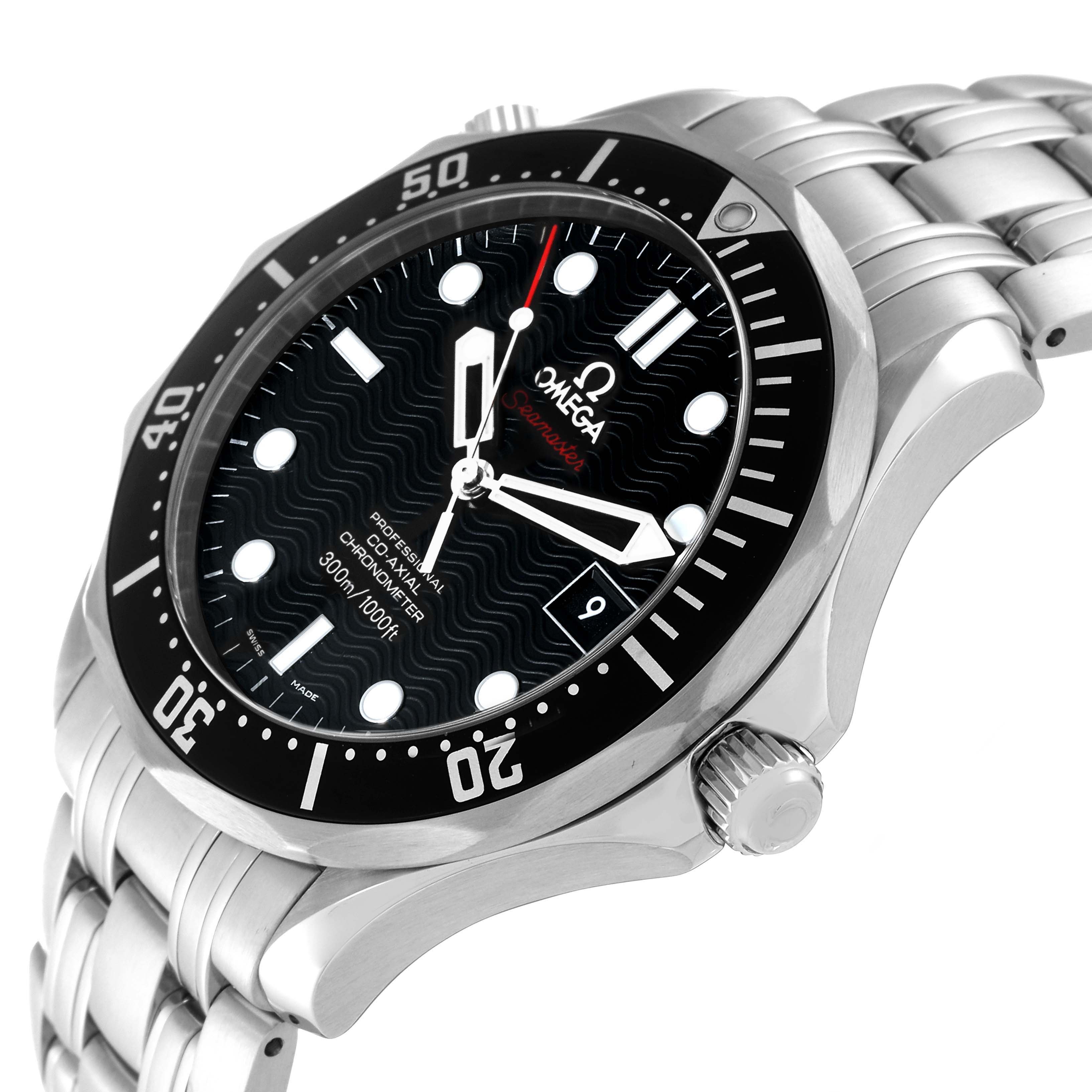 The Omega Seamaster 212.30.41.20.01.002 Men
s Stainless Steel Black Dial 212.30.41.20.01.002 Men
s Stainless Steel Black Dial watch is shown at a side angle, highlighting its bezel, crown, dial, and bracelet.