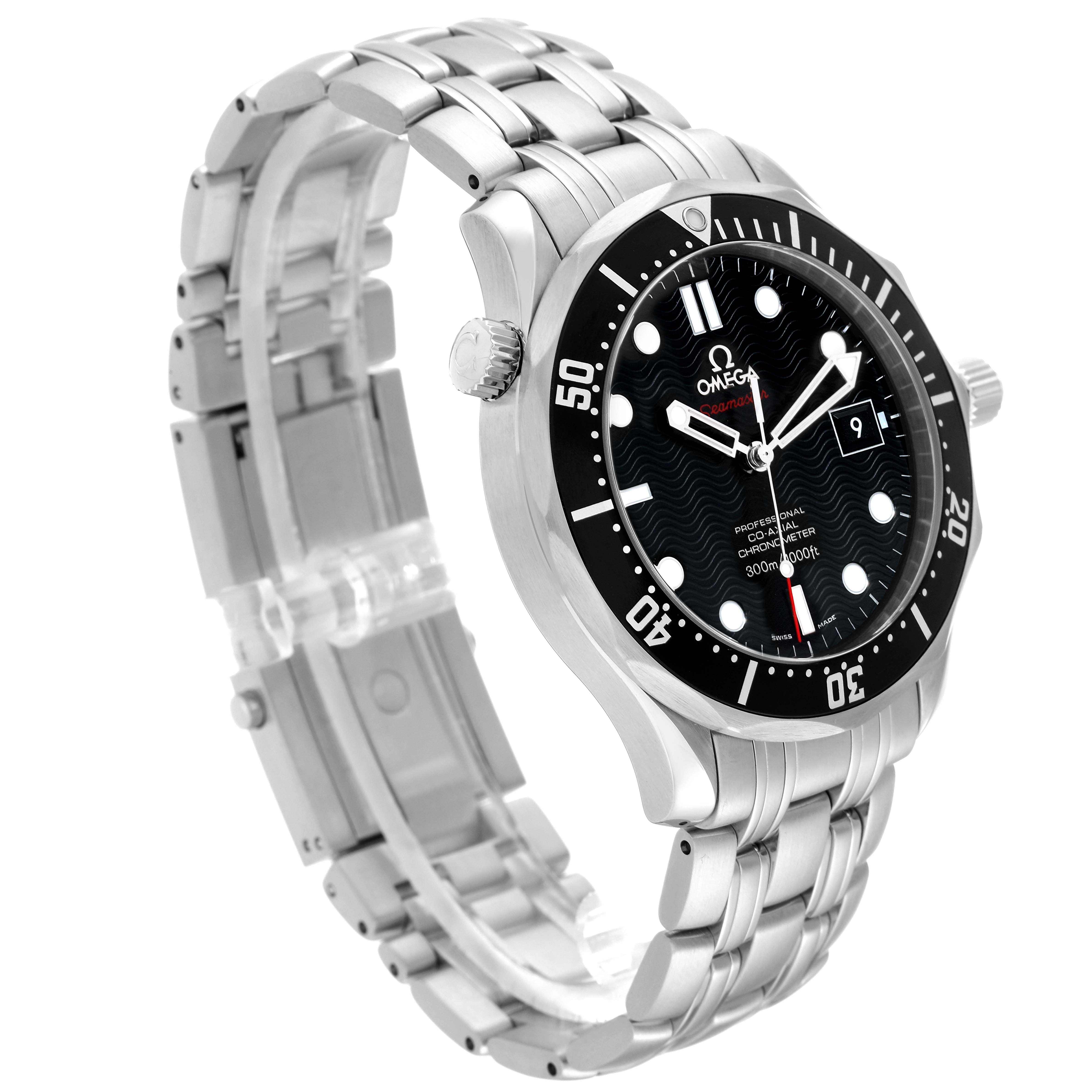The Omega Seamaster 212.30.41.20.01.002 Men
s Stainless Steel Black Dial 212.30.41.20.01.002 Men
s Stainless Steel Black Dial watch is angled to show its face, bezel, crown, bracelet, and clasp.