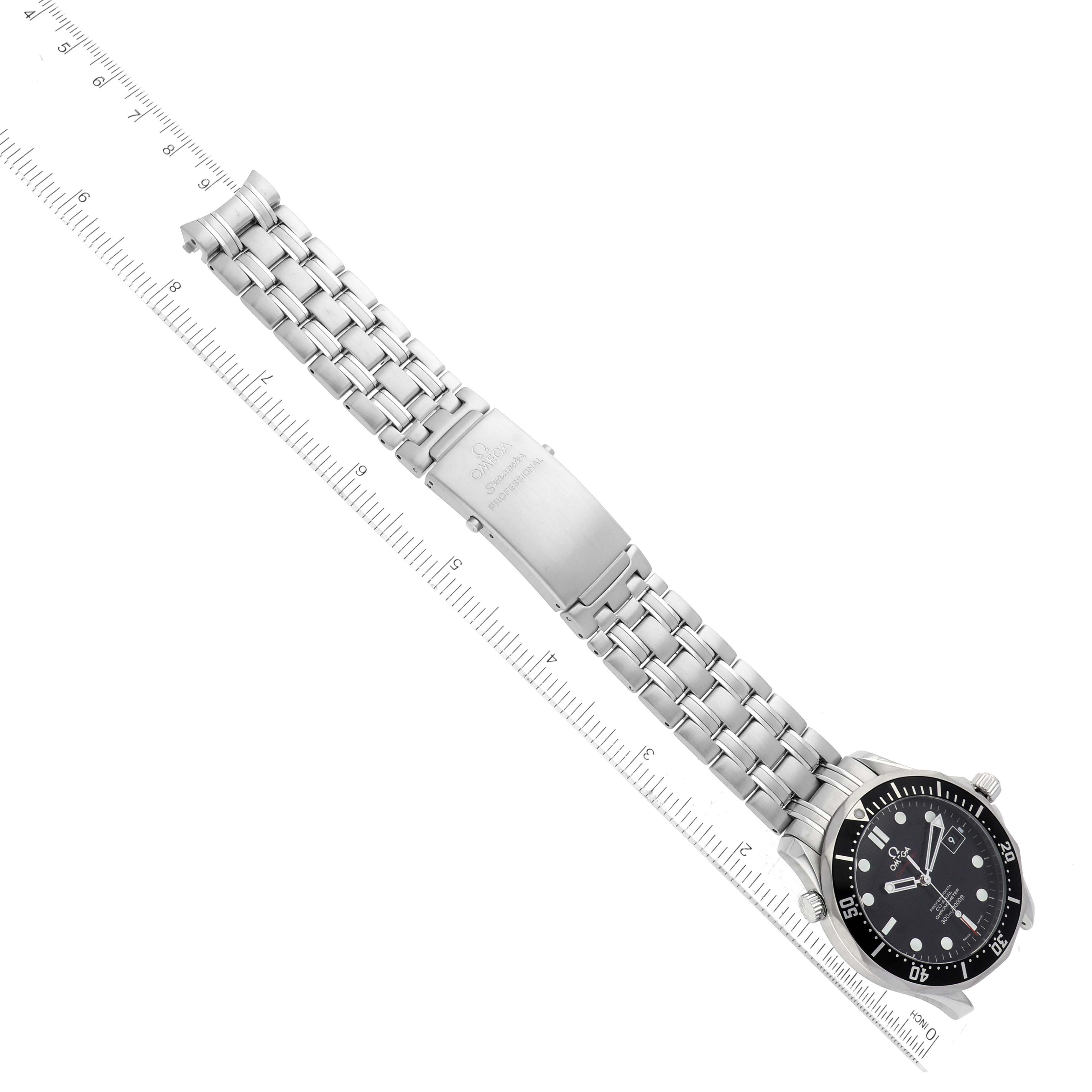 The Omega Seamaster 212.30.41.20.01.002 Men
s Stainless Steel Black Dial 212.30.41.20.01.002 Men
s Stainless Steel Black Dial watch is shown at an angle with the full bracelet and clasp visible alongside a ruler for scale.