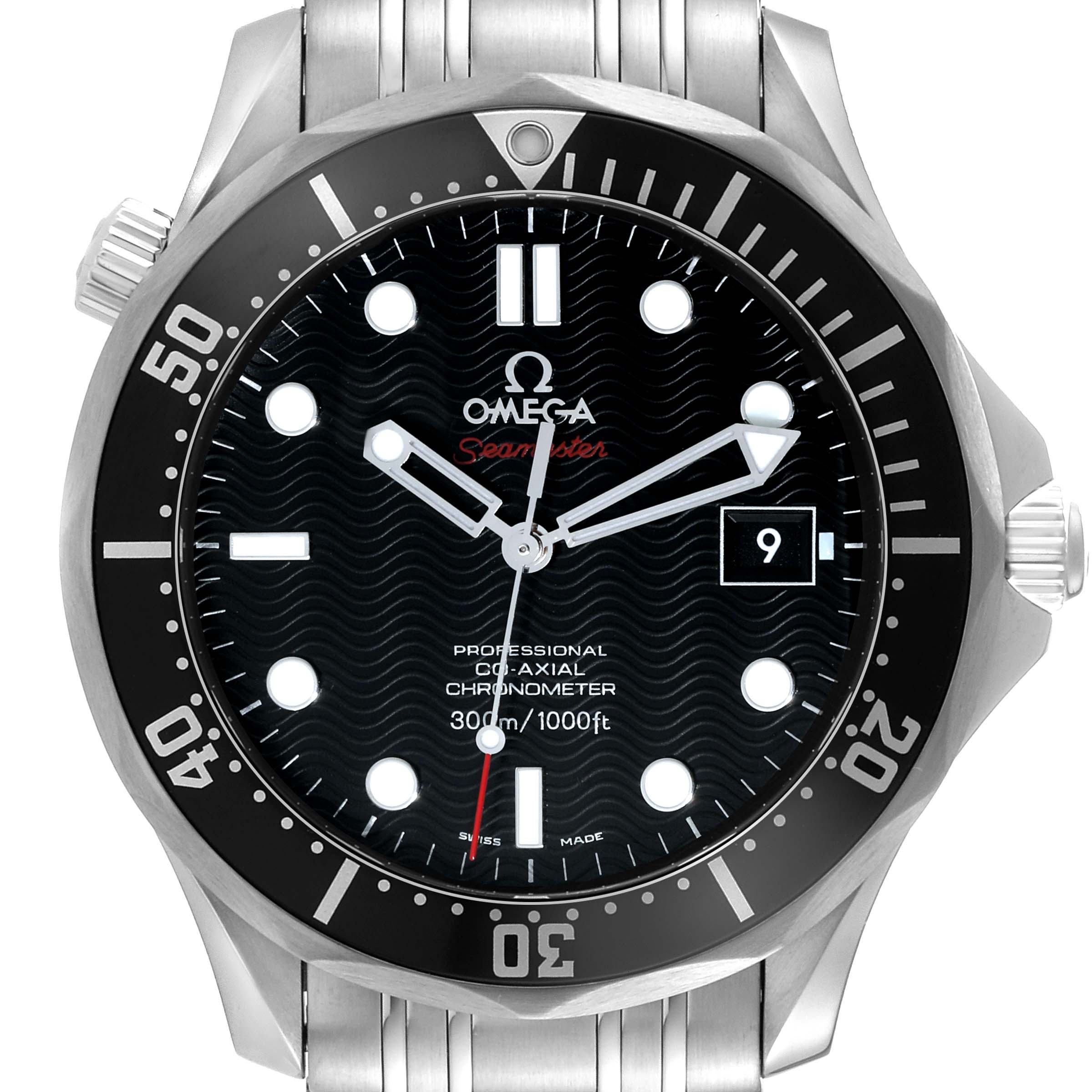 The Omega Seamaster 212.30.41.20.01.002 Men
s Stainless Steel Black Dial 212.30.41.20.01.002 Men
s Stainless Steel Black Dial watch is shown from the front, highlighting the face, hands, bezel, and dial with a stainless steel bracelet.