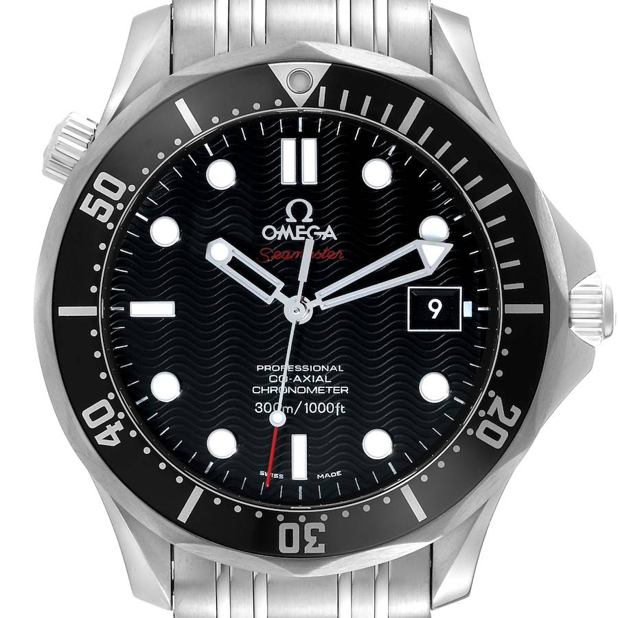 The Omega Seamaster watch is shown from the front, highlighting the face, hands, bezel, and dial with a stainless steel bracelet.